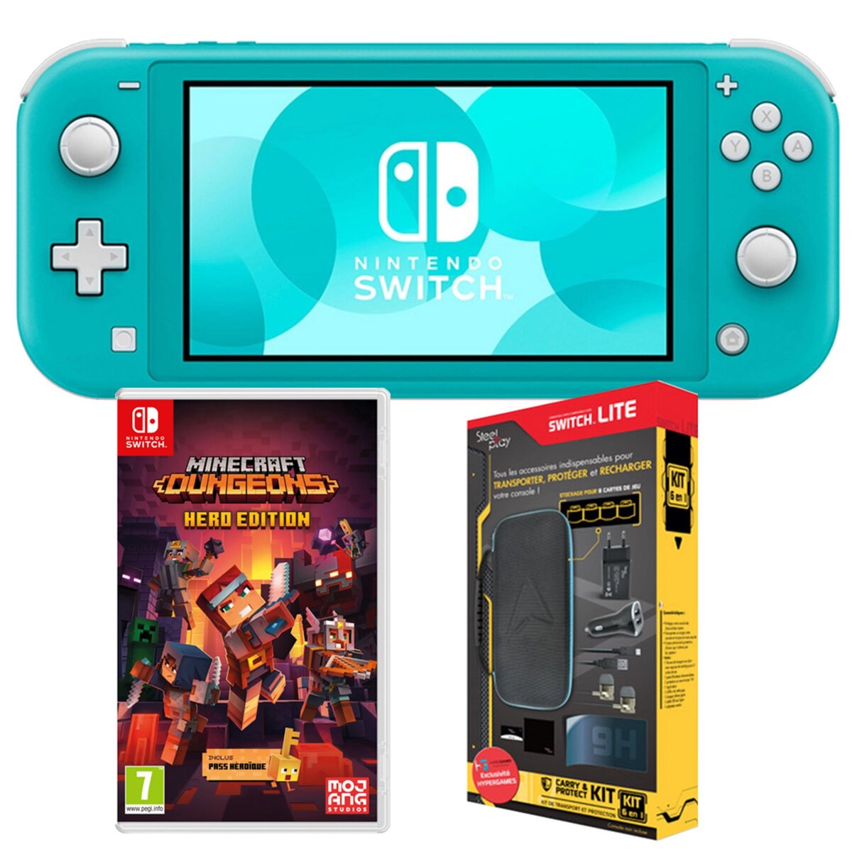 NINTENDO EXCLU WEB Console Nintendo Switch Lite Turquoise + Minecraft Dungeons + Pack Exclu 6 Accessoires