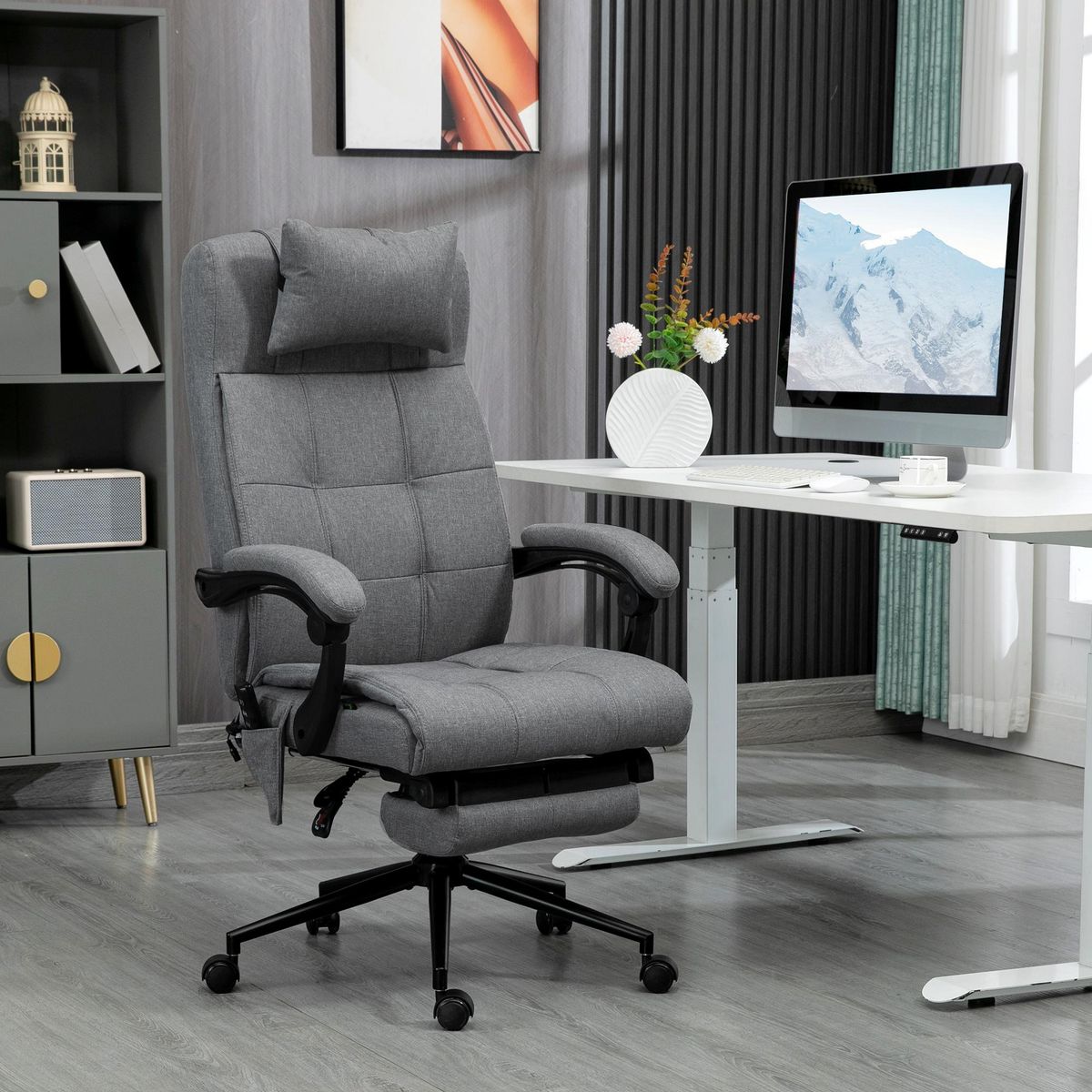 HOMCOM Chaise de bureau ergonomique design - fonctions massante et chauffante - inclinable, réglable - repose-pied - tissu gris