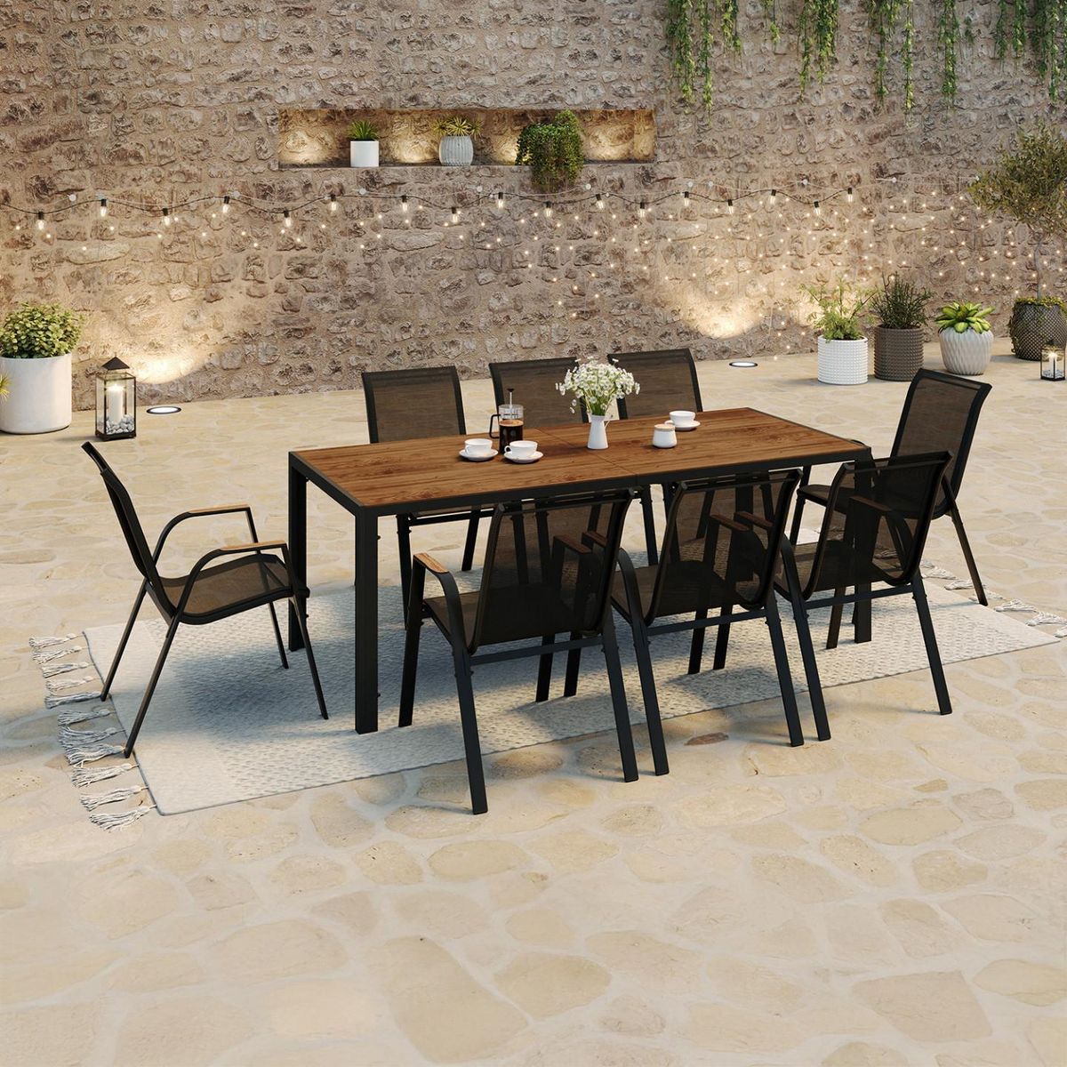 ID MARKET Salon de jardin NOUMEA table 190 cm plateau verre trempé effet bois et 8 chaises empilables noir et bois