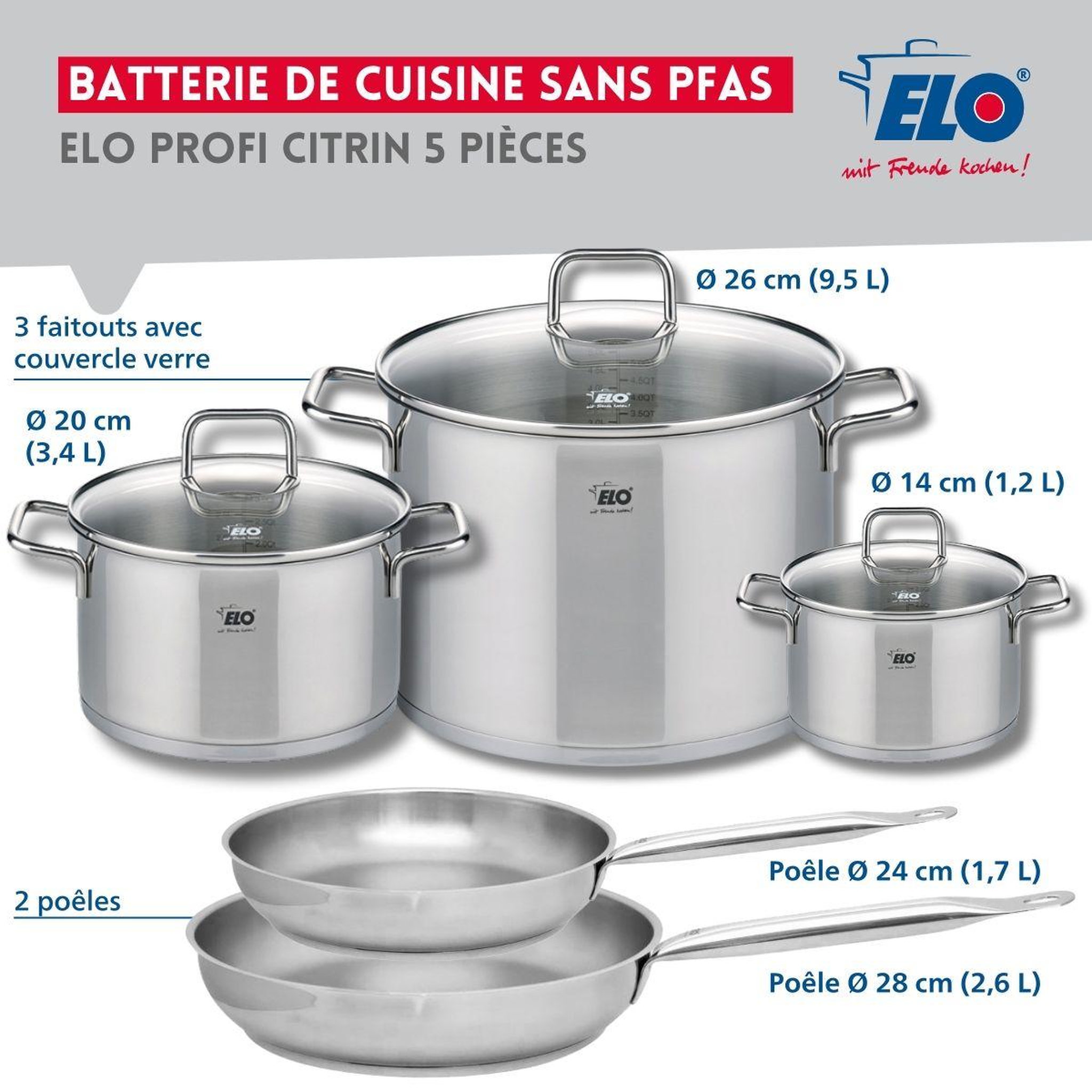 Voir la diapositive 2 : ELO Ensemble de 2 poêles de cuisson 24 et 28 cm et 3 faitouts 14, 20 et 26 cm elo profi citrin