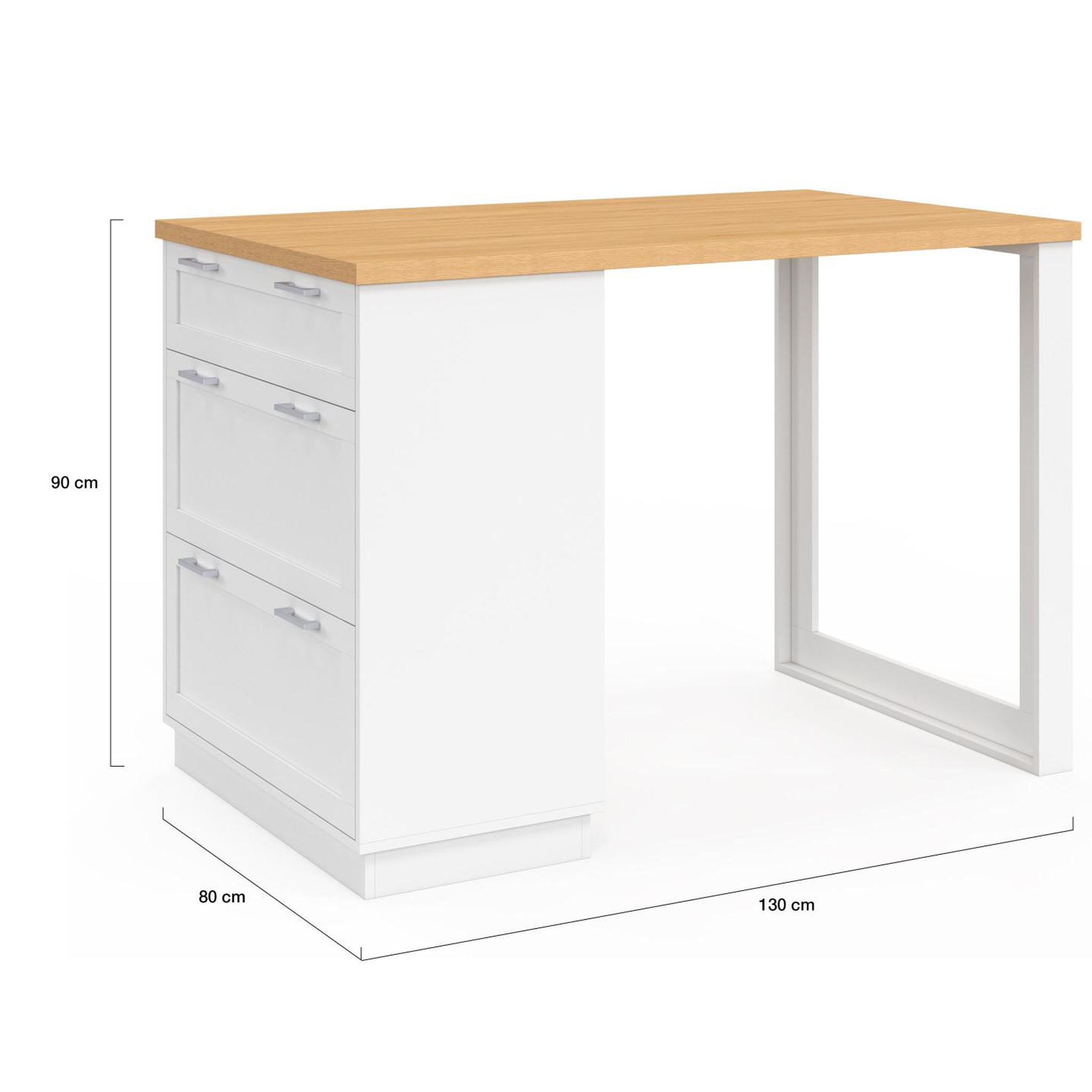 Voir la diapositive 5 : ID MARKET Ilot central mange-debout 4 personnes vito 130 cm casserolier 3 tiroirs blanc et plateau bois