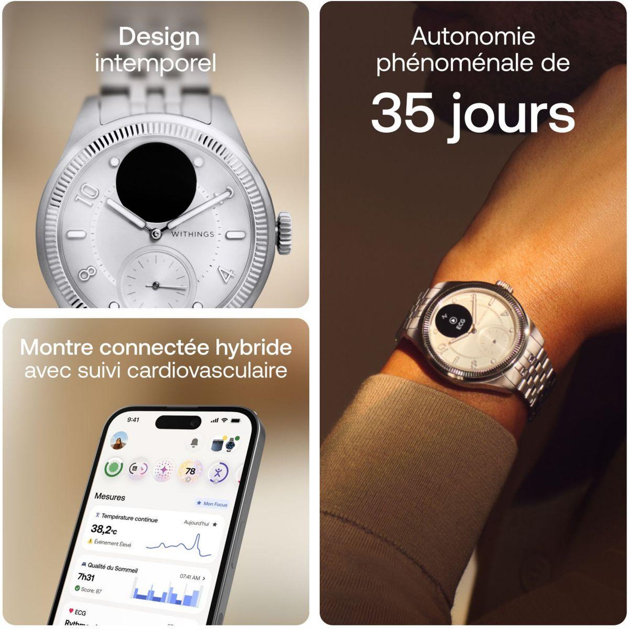 Voir la diapositive 4 : WITHINGS Montre santé scanwatch nova brilliant 39mm titanium