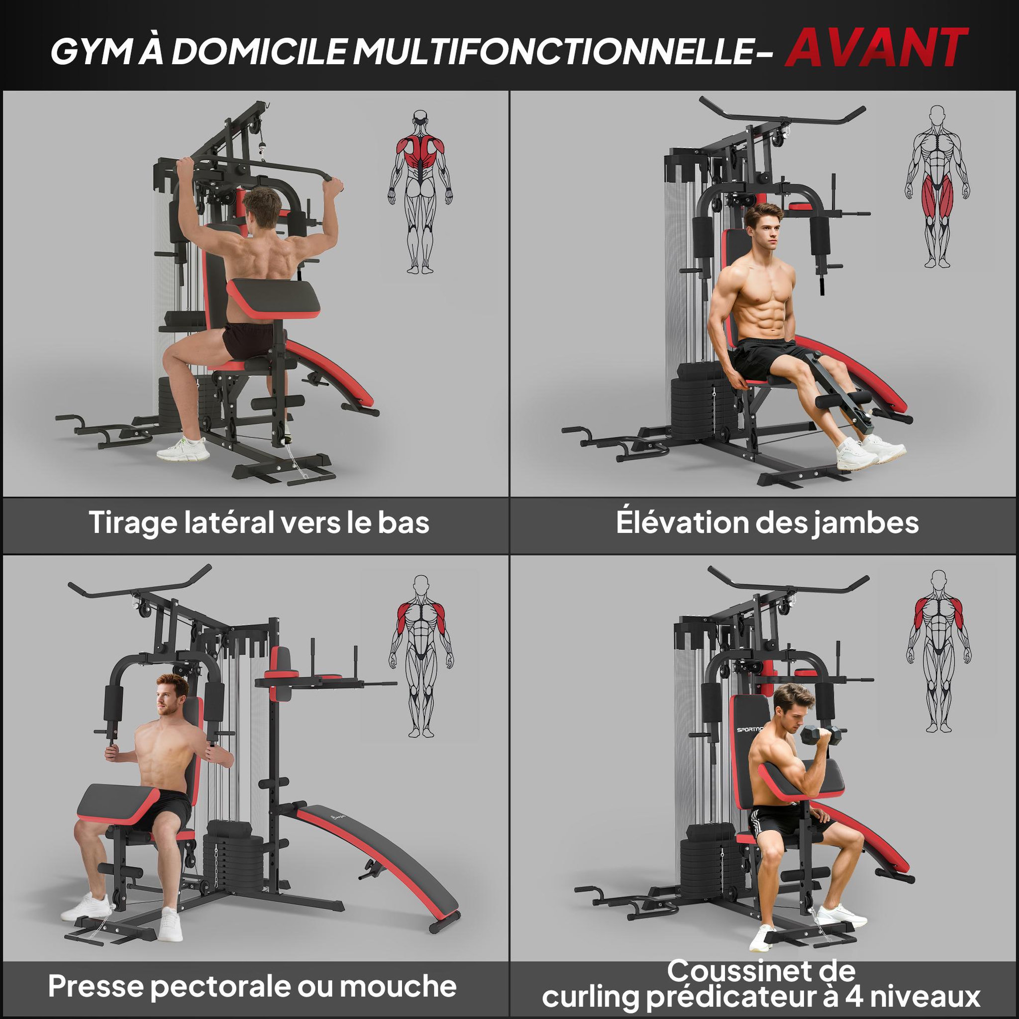 Voir la diapositive 4 : HOMCOM Station de musculation - banc, développé couché, butterfly, barre latissimus et traction, curler, bande résistance, 10 contrepoids - acier noir rouge