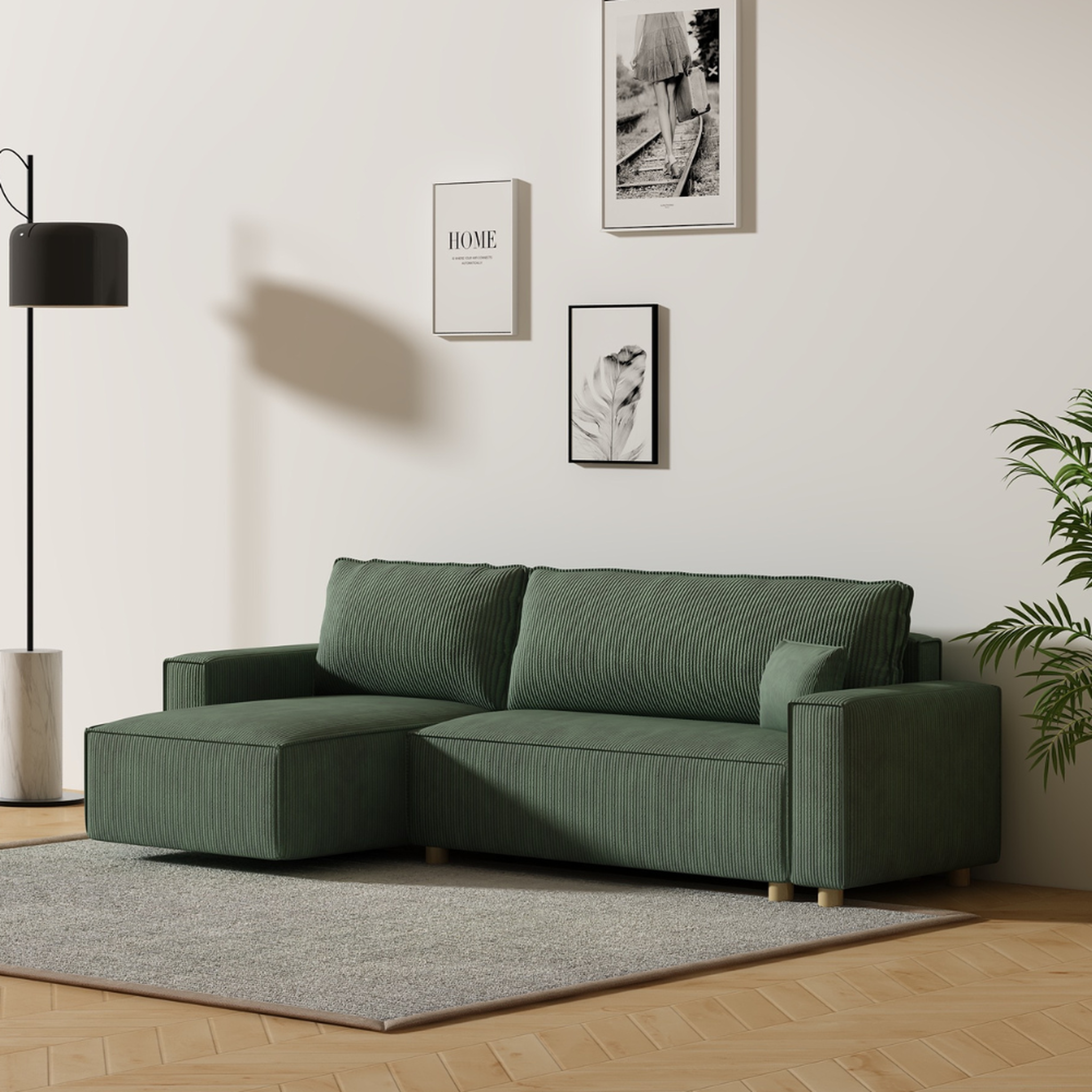 Voir la diapositive 3 : CONCEPT USINE Canapé convertible d'angle en velours côtelé vert cosy