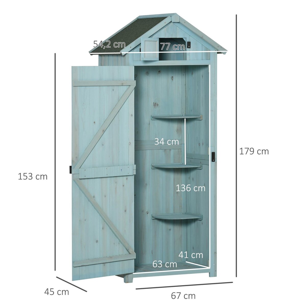 OUTSUNNY Armoire abri de jardin remise pour outils 3 étagères 2 portes loquets toit pente bitumé 77L x 54l x 179H cm sapin traité bleu