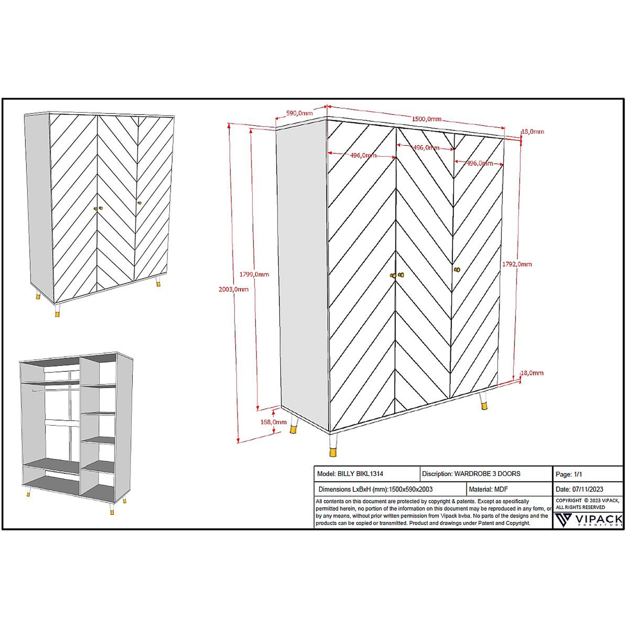 Voir la diapositive 3 : Vipack Billy Armoire 3 Portes Blanc