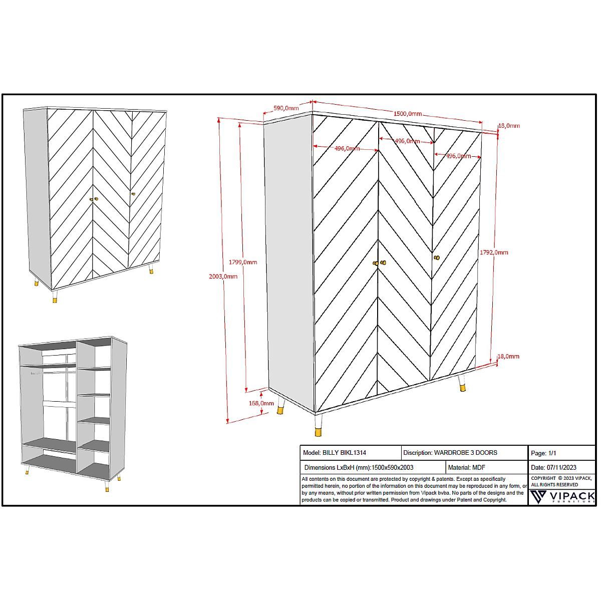 Vipack Billy Armoire 3 Portes Blanc