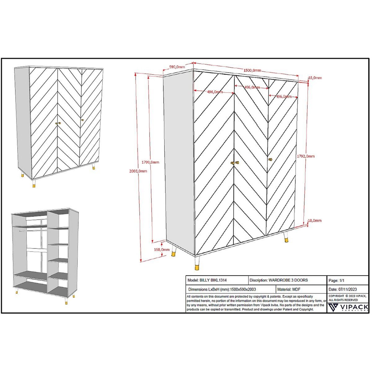 Vipack Billy Armoire 3 Portes Blanc