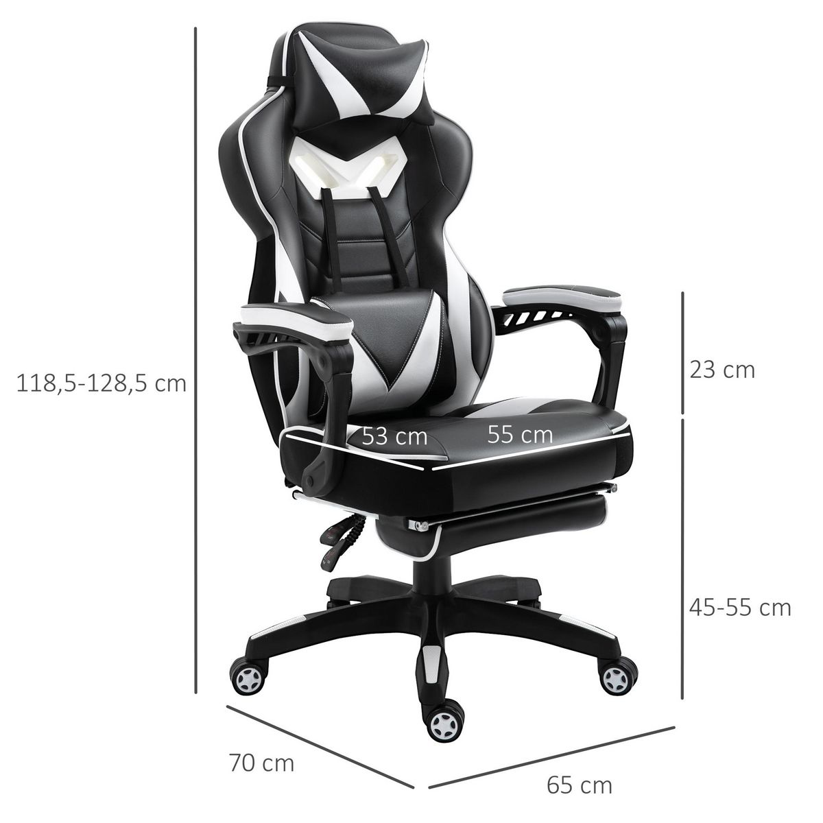 VINSETTO Vinsetto Fauteuil de bureau gamer style baquet racing - pivotant, inclinable - coussin lombaire, tétière, repose-pieds inclus - revêtement synthétique blanc noir