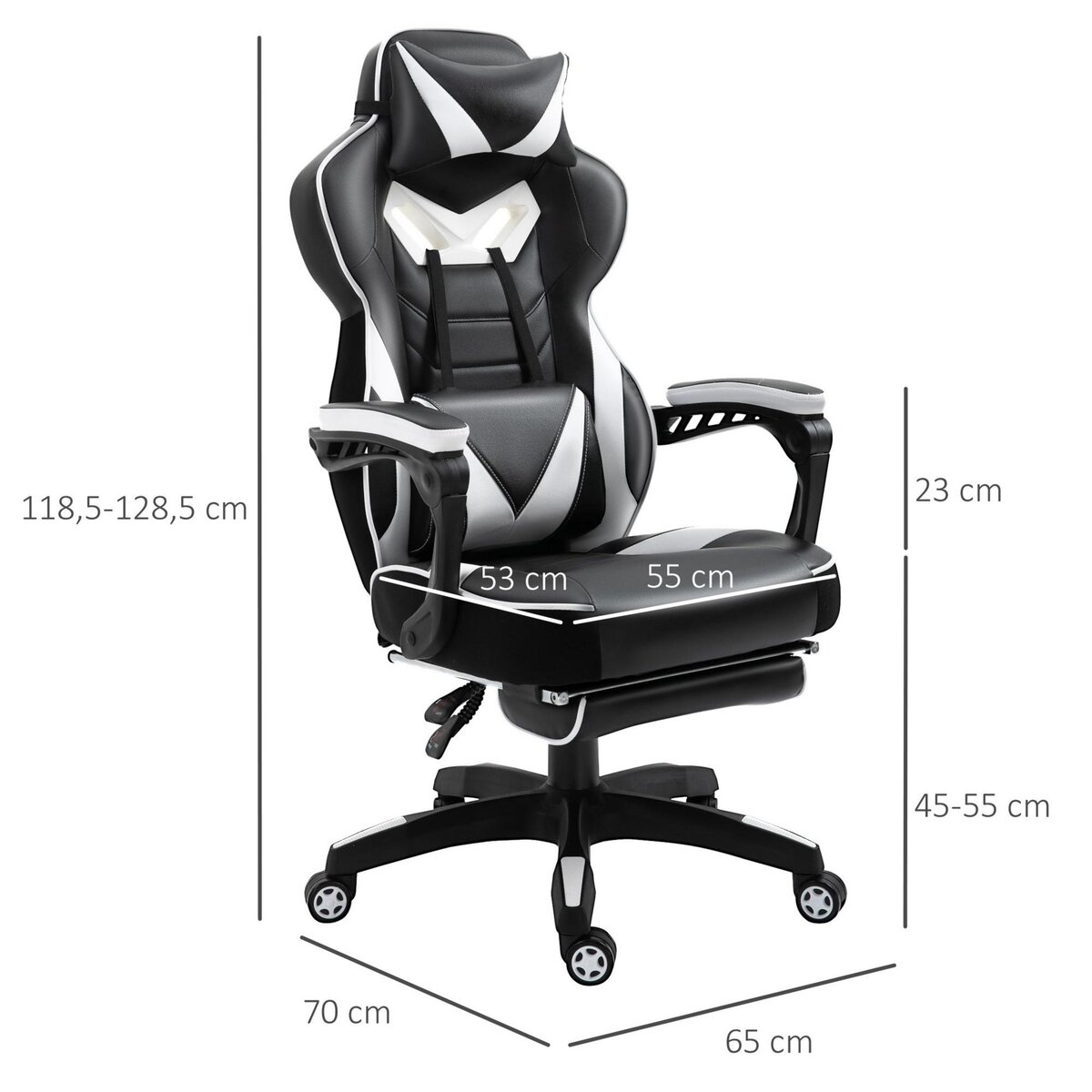 VINSETTO Vinsetto Fauteuil de bureau gamer style baquet racing - pivotant, inclinable - coussin lombaire, tétière, repose-pieds inclus - revêtement synthétique blanc noir