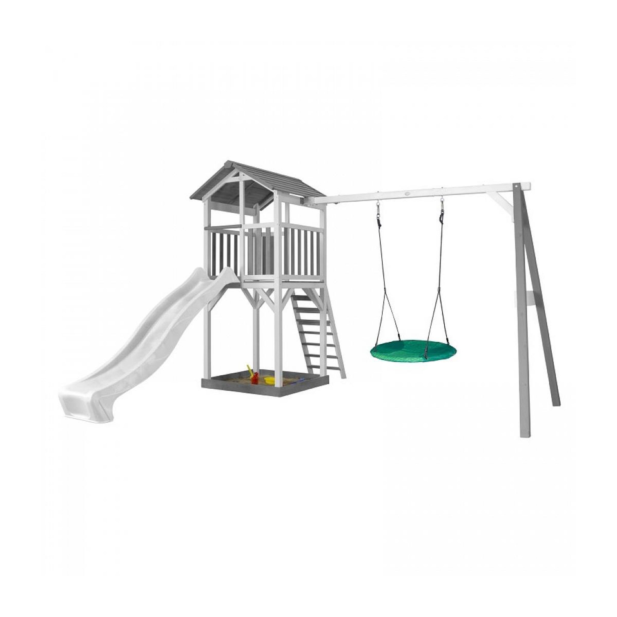 Axi House AXI Structure de jeu Beach Tower avec 1 balancoire siege nid rond Blanc Gris avec Toboggan Blanc