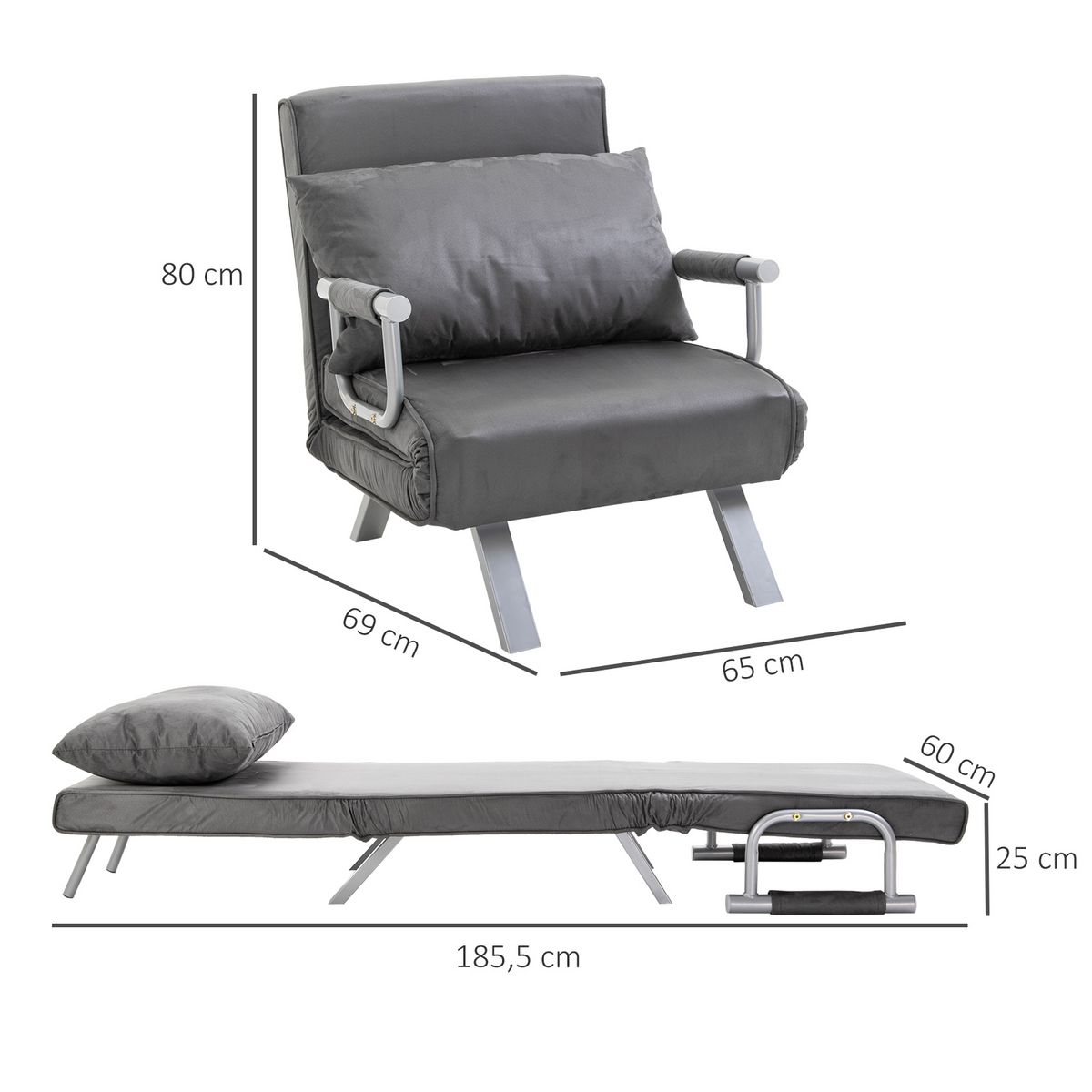 HOMCOM Fauteuil chauffeuse canapé-lit convertible 1 place déhoussable grand confort coussin pieds accoudoirs métal suède gris