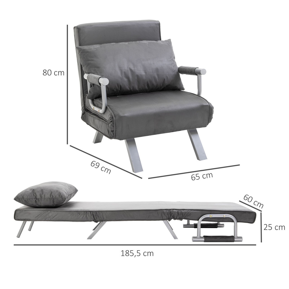 HOMCOM Fauteuil chauffeuse canapé-lit convertible 1 place déhoussable grand confort coussin pieds accoudoirs métal suède gris