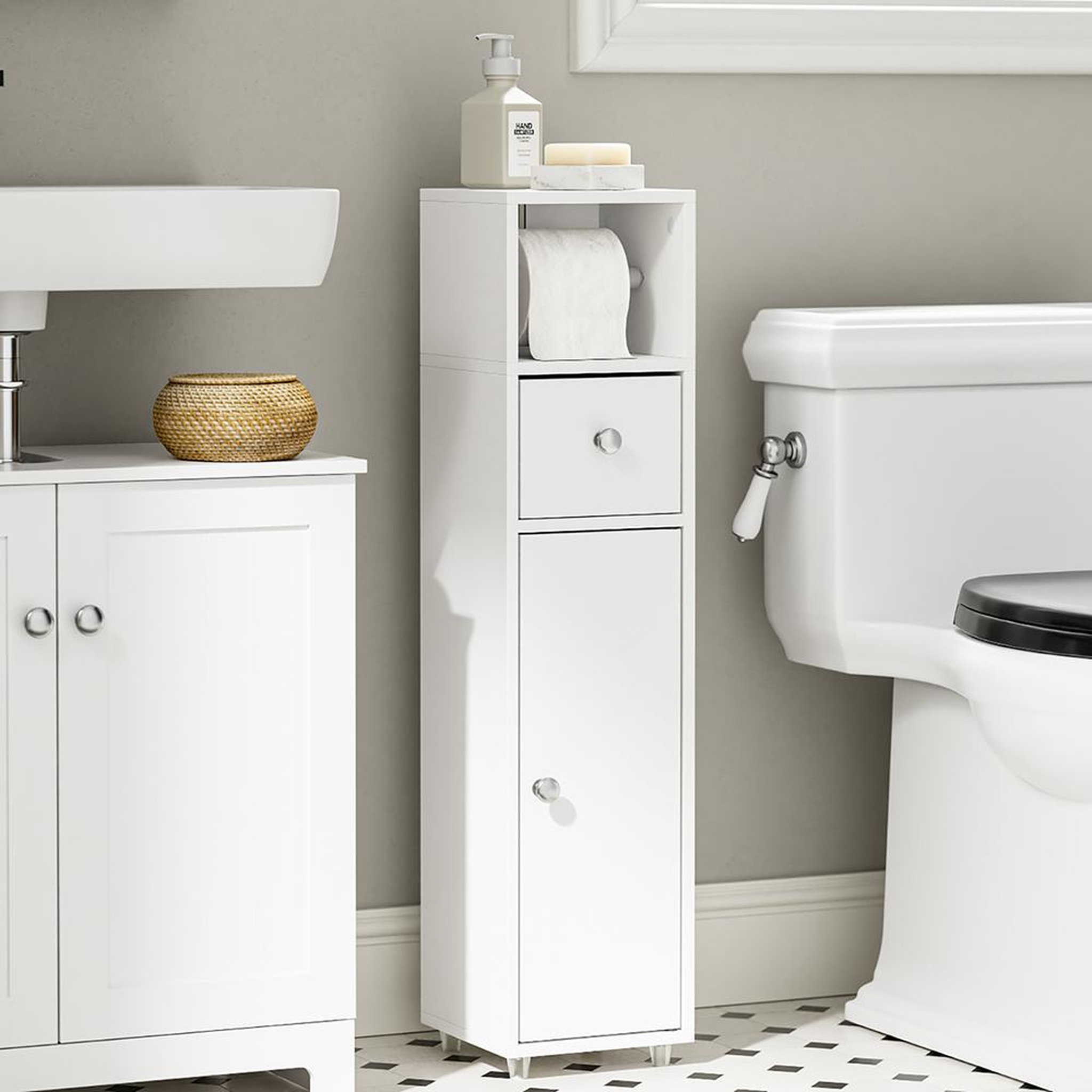 Voir la diapositive 2 : SOBUY Armoire de toilette avec tiroir Blanc 20x20x85cm BZR219-W