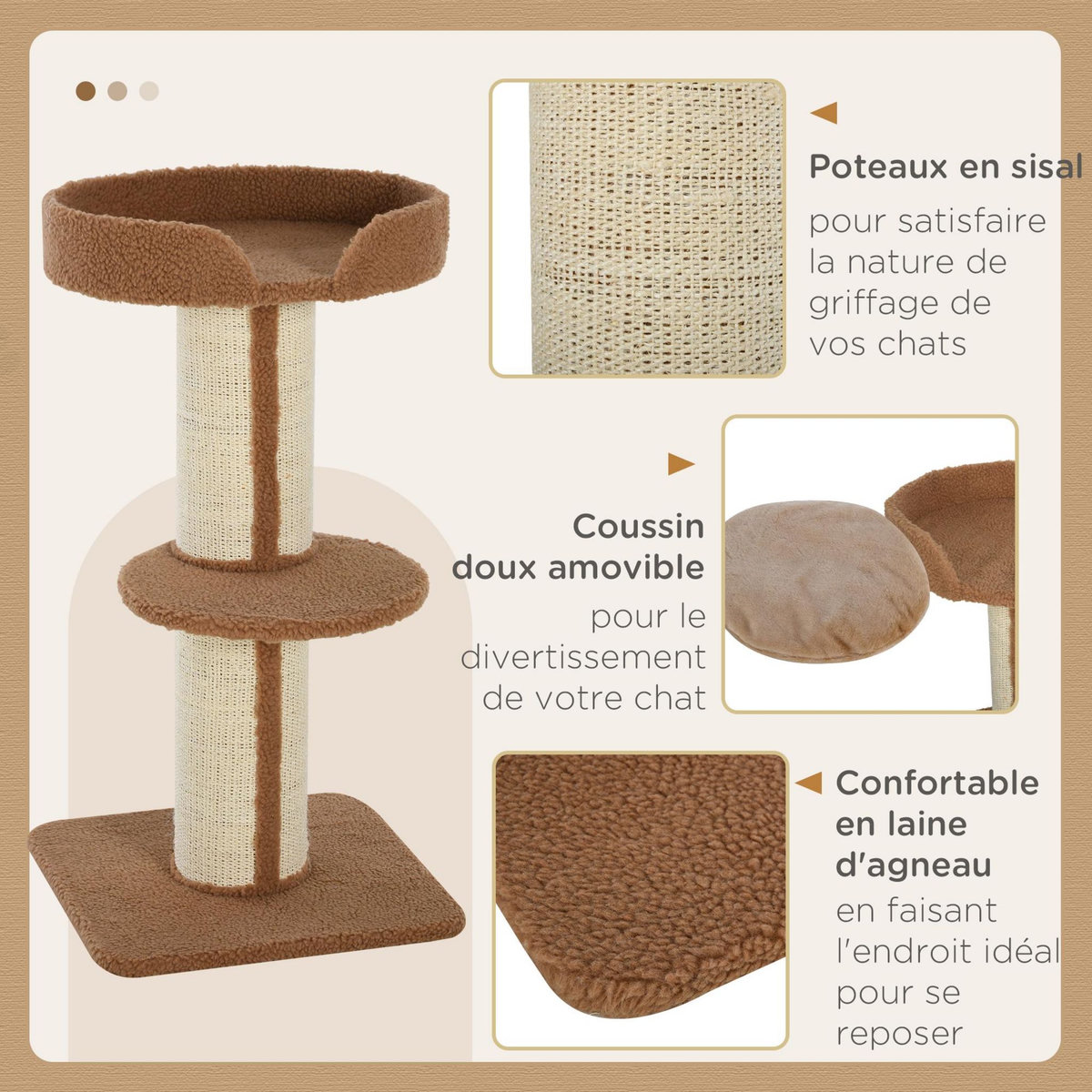 PAWHUT Arbre à chat avec griffoir centre d'activités 2 plateformes coussin marron