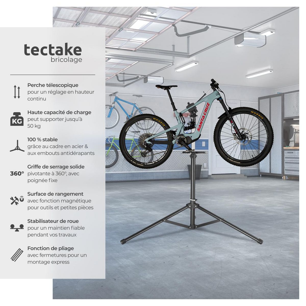 tectake Support de réparation pour vélo poids supporté 50 kg pliable avec fermetures rapides noir