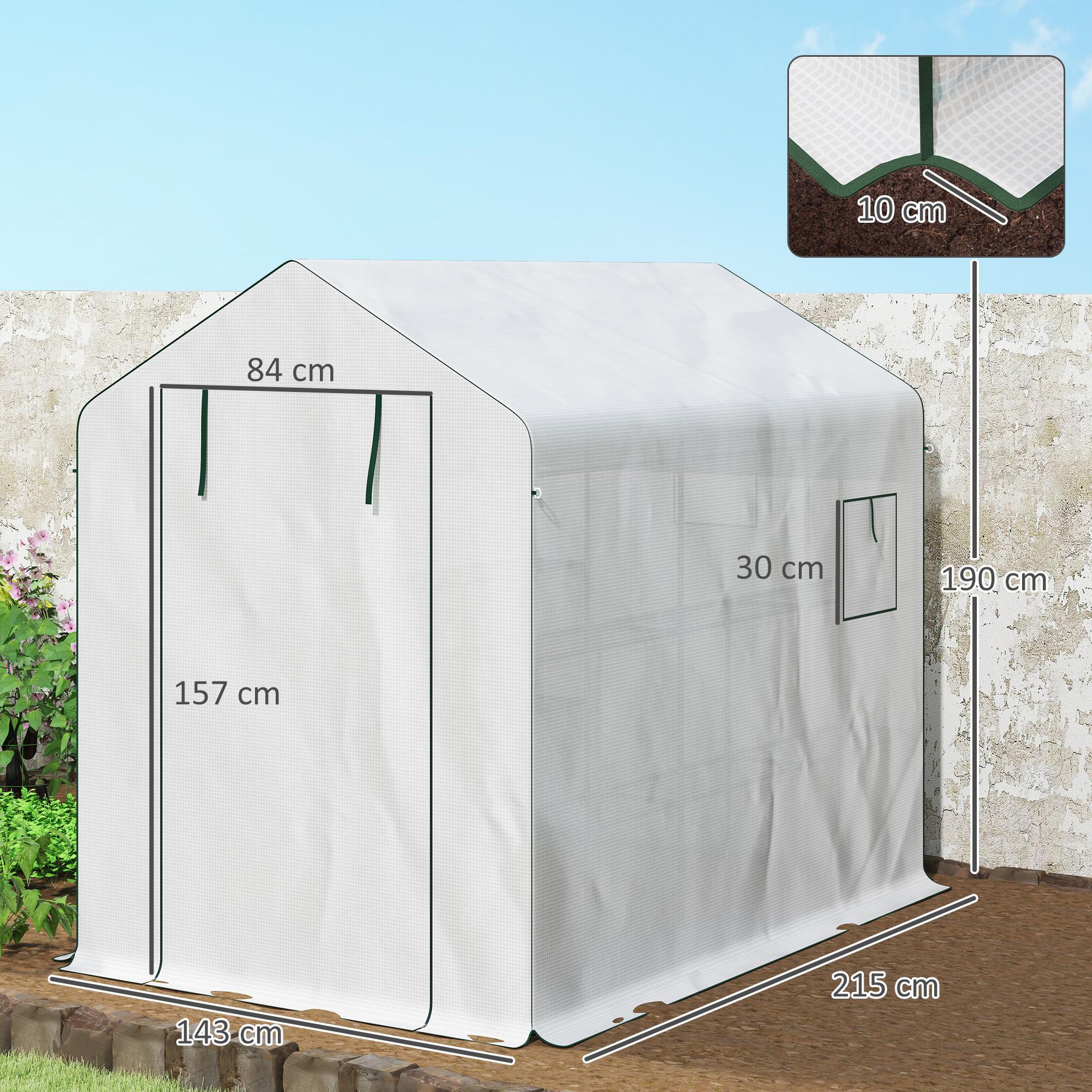 Voir la diapositive 3 : OUTSUNNY Serre de jardin 4 étagères - porte enroulable zippée, 2 fenêtres - 143 x 215 x 190 cm - acier vert PE blanc