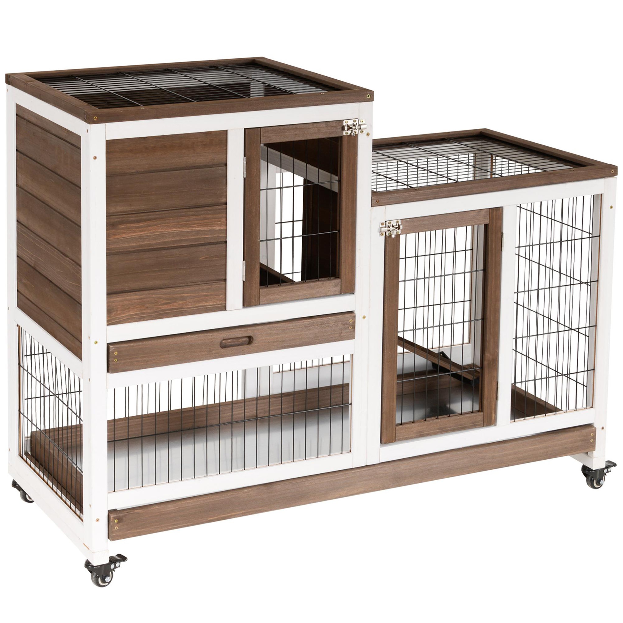 PAWHUT Clapier à lapin sur roulettes cage à lapin 2 étages 2 portes verrouillables 2 plateaux coulissants rampe bois de sapin marron blanc