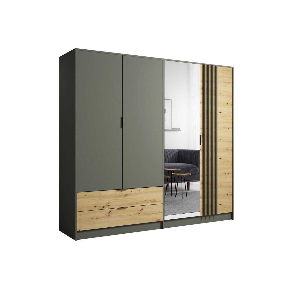 BEST MOBILIER Nicosie - armoire avec miroir - effet bois et gris - 220x203 cm
