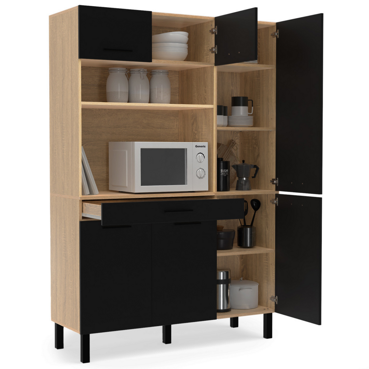 ID MARKET Buffet de cuisine avec colonne de rangement 120 CM CINA 6 portes + tiroir façon hêtre et noir