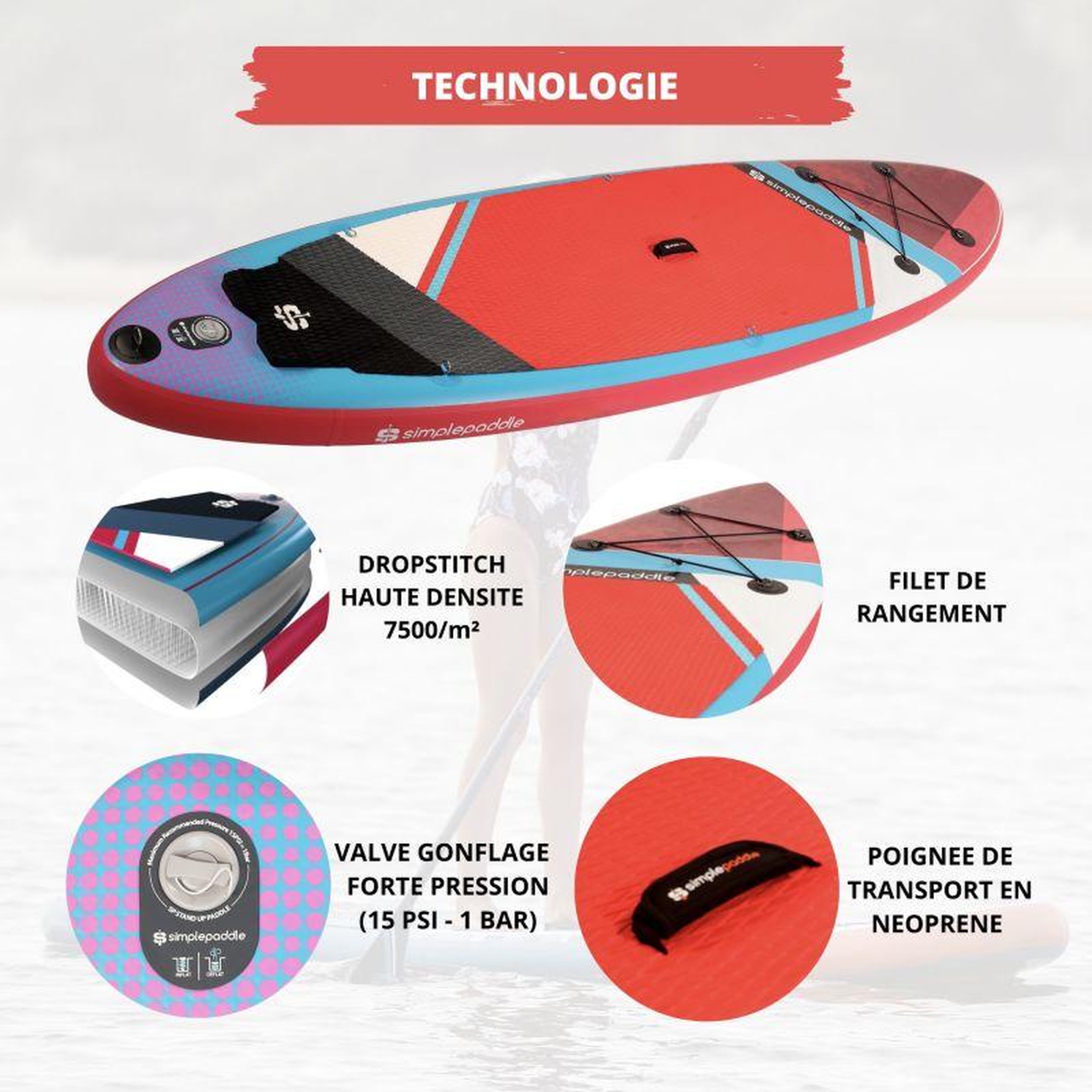 Voir la diapositive 4 : SIMPLE PADDLE Paddle Gonflable 10'8 32'' 6'' (325 x 81 x 15 cm) avec Pagaie, Leash, Pompe et Sac de Transport