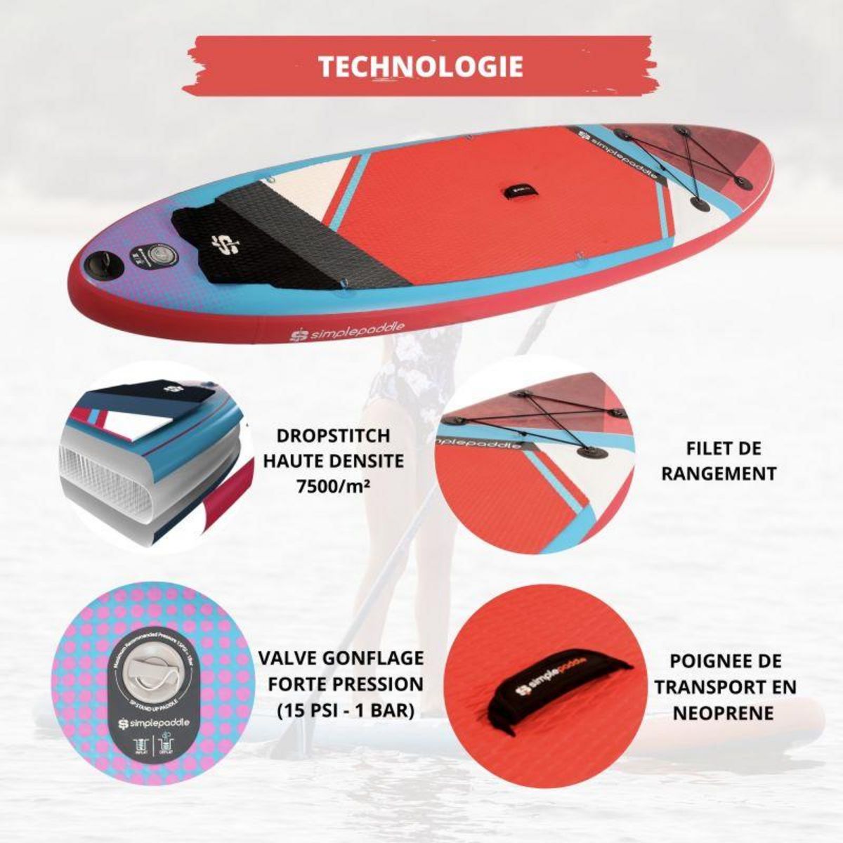 SIMPLE PADDLE Paddle Gonflable 10'8 32'' 6'' (325 x 81 x 15 cm) avec Pagaie, Leash, Pompe et Sac de Transport