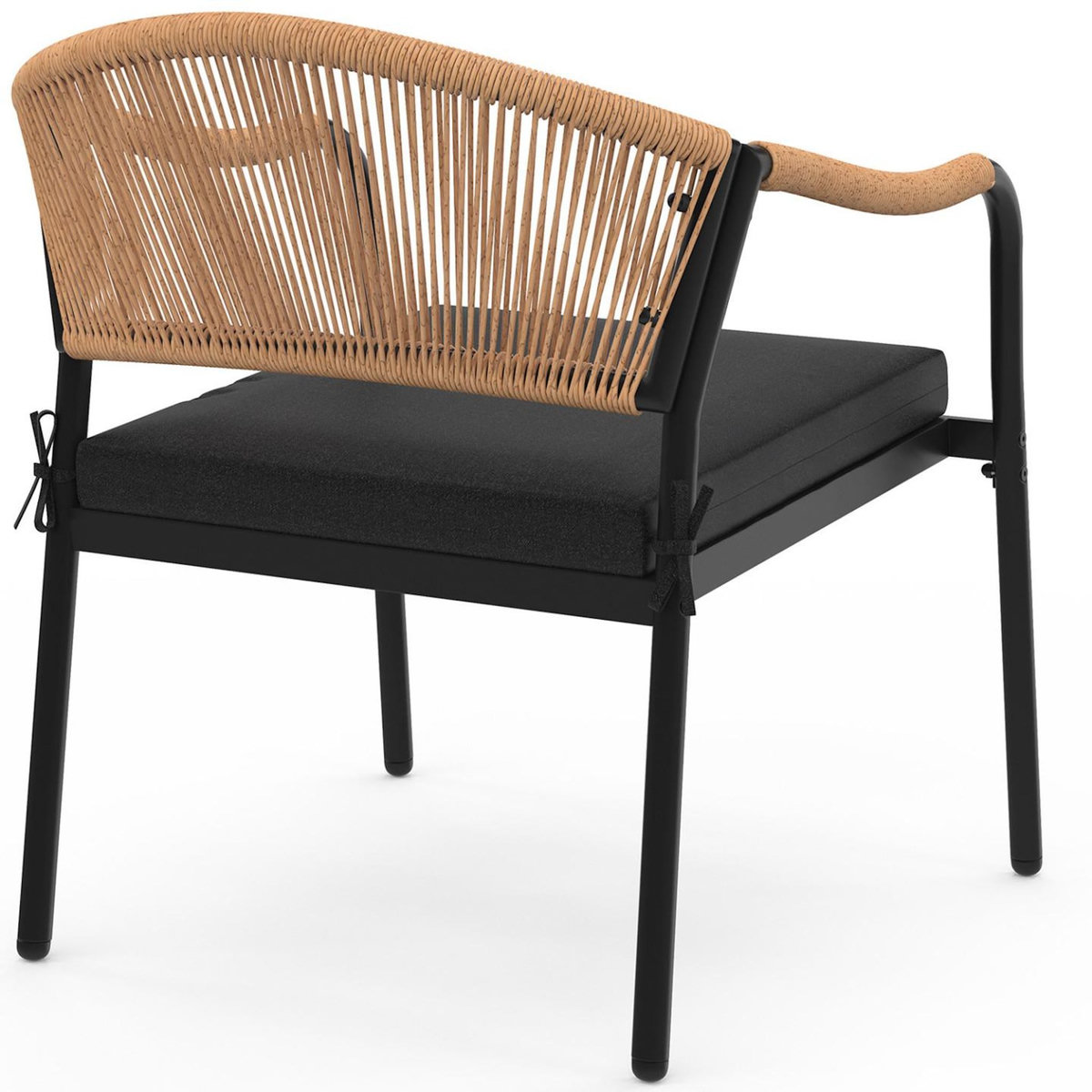 ID MARKET Salon de jardin bas MADEIRA 4 places structure en métal noir, cordage et coussins noirs