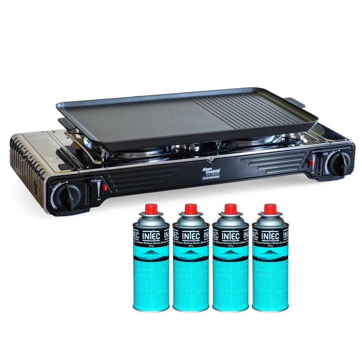INTEC Kit Plancha Gaz 2en1 Complet - Réchaud 2 feux Inox 4400W + Plaque Grill + 4 Cartouches Gaz Butane Intérieur/Extérieur INTEC