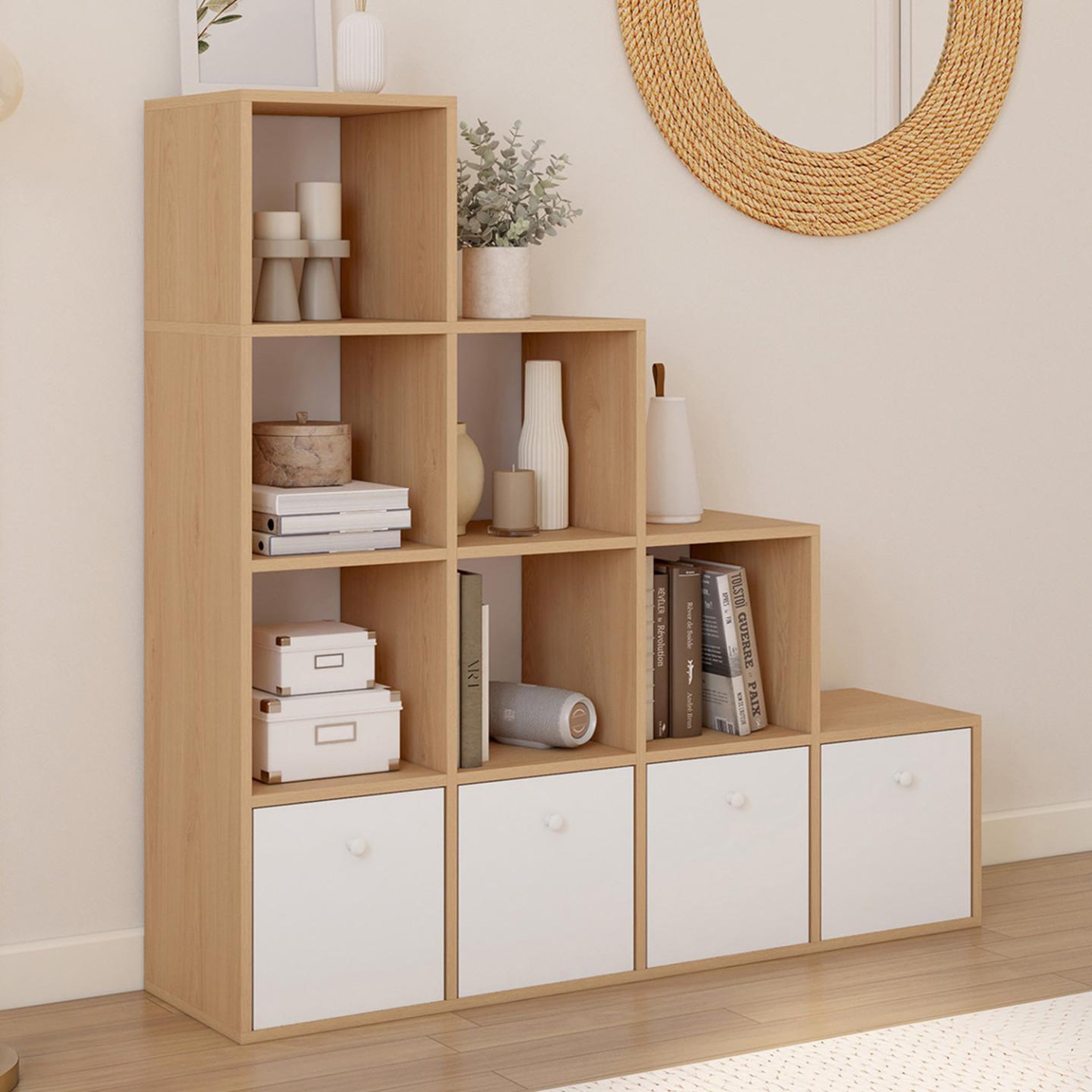 Voir la diapositive 2 : ID MARKET Meuble de rangement en escalier lorys 4 niveaux bois et blanc avec 4 tiroirs en tissu