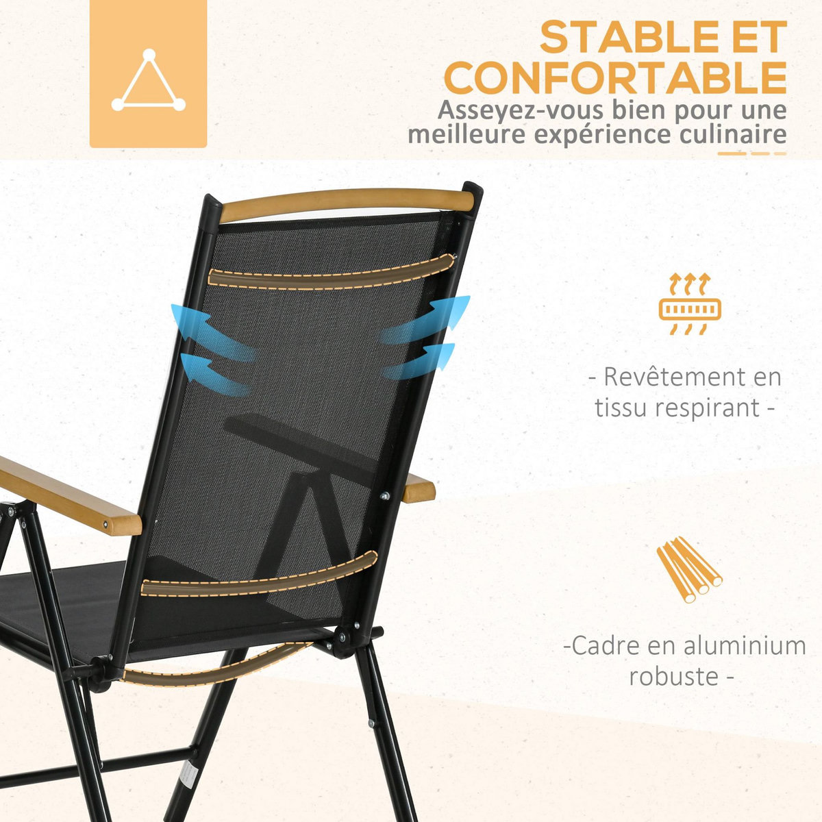 OUTSUNNY Ensemble table de jardin 6 personnes - chaises pliables inclinables accoudoirs - alu textilène noir plastique effet bois