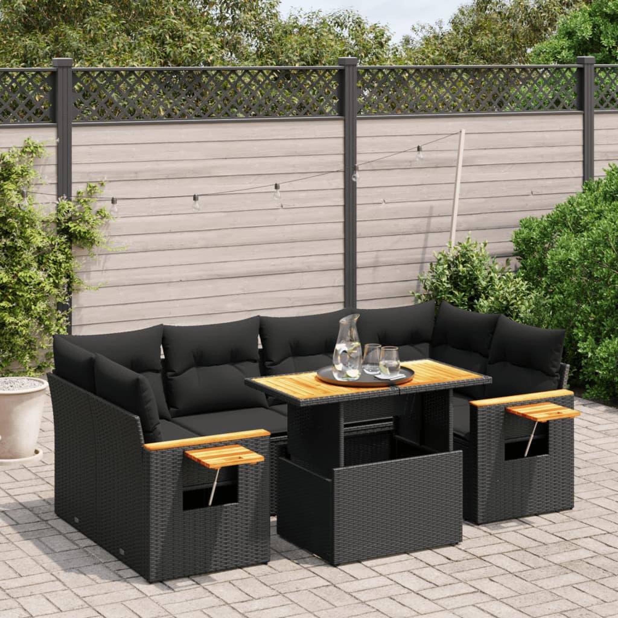 VIDAXL Salon de jardin 7 pcs avec coussins noir resine tressee
