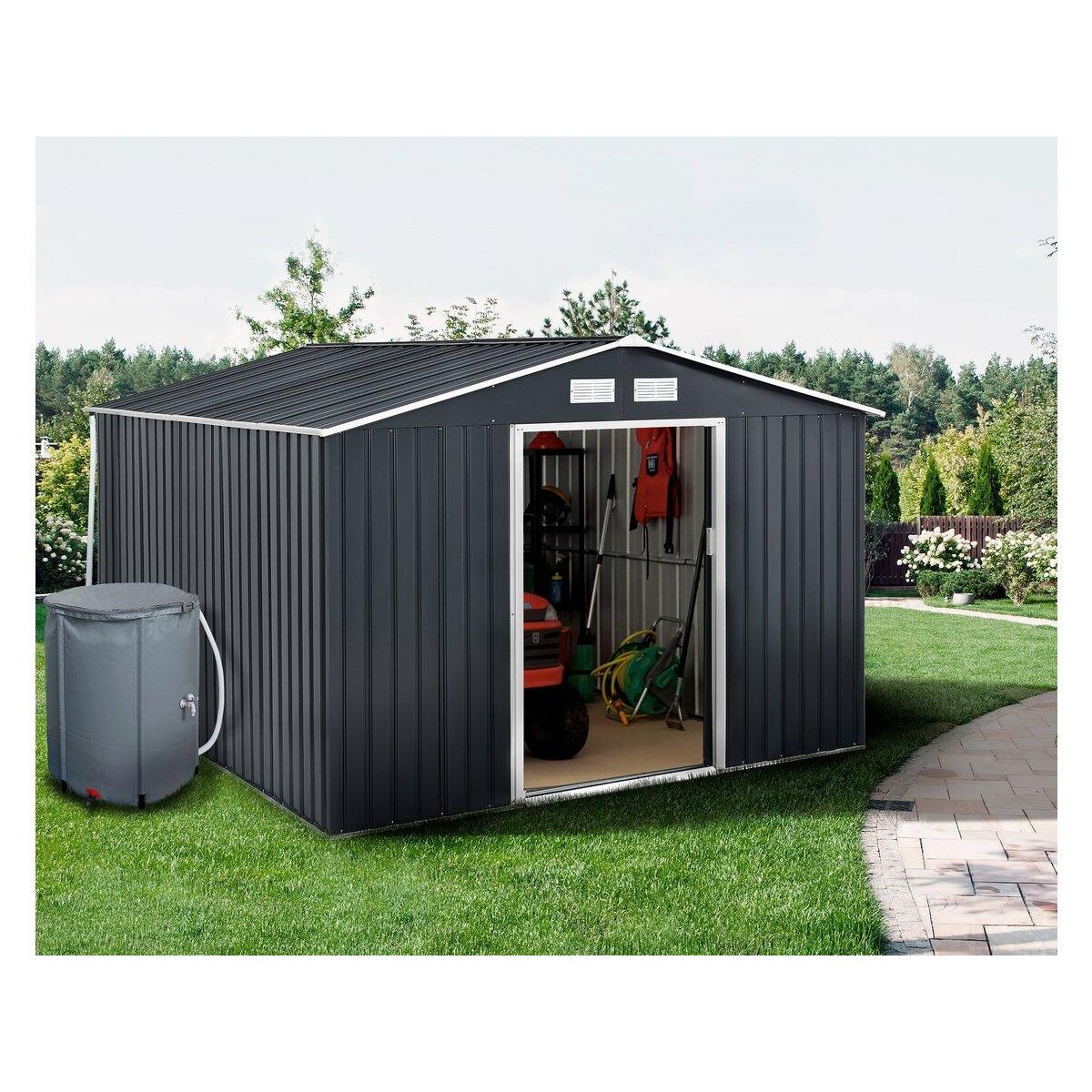 Habitat et Jardin Abri de jardin métal -  Vegas - 12.98 m² avec gouttière et récupérateur d'eau -  Vegas  - Gris