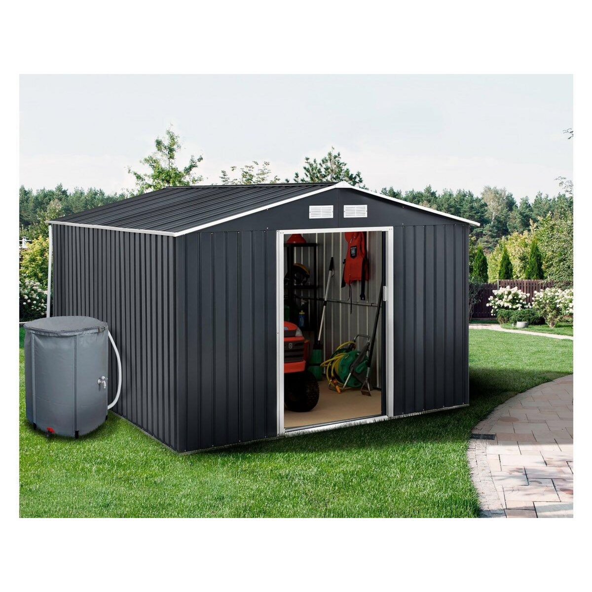 Habitat et Jardin Abri de jardin métal -  Vegas - 12.98 m² avec gouttière et récupérateur d'eau -  Vegas  - Gris
