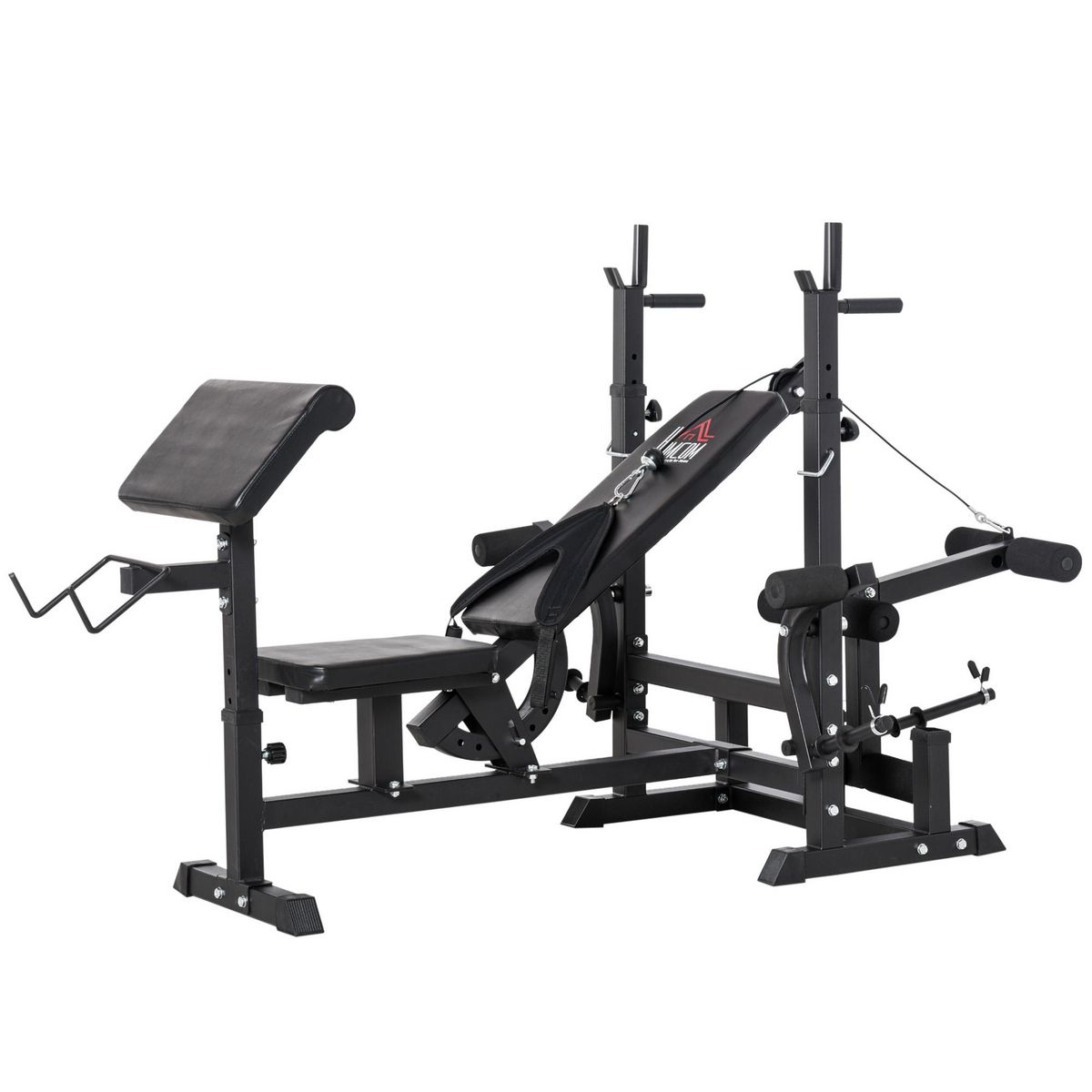 HOMCOM Banc de musculation multifonction réglable - pupitre à biceps, repose barre curl, poignées à Dips, module extension bras jambes, résistance horizontale - acier noir
