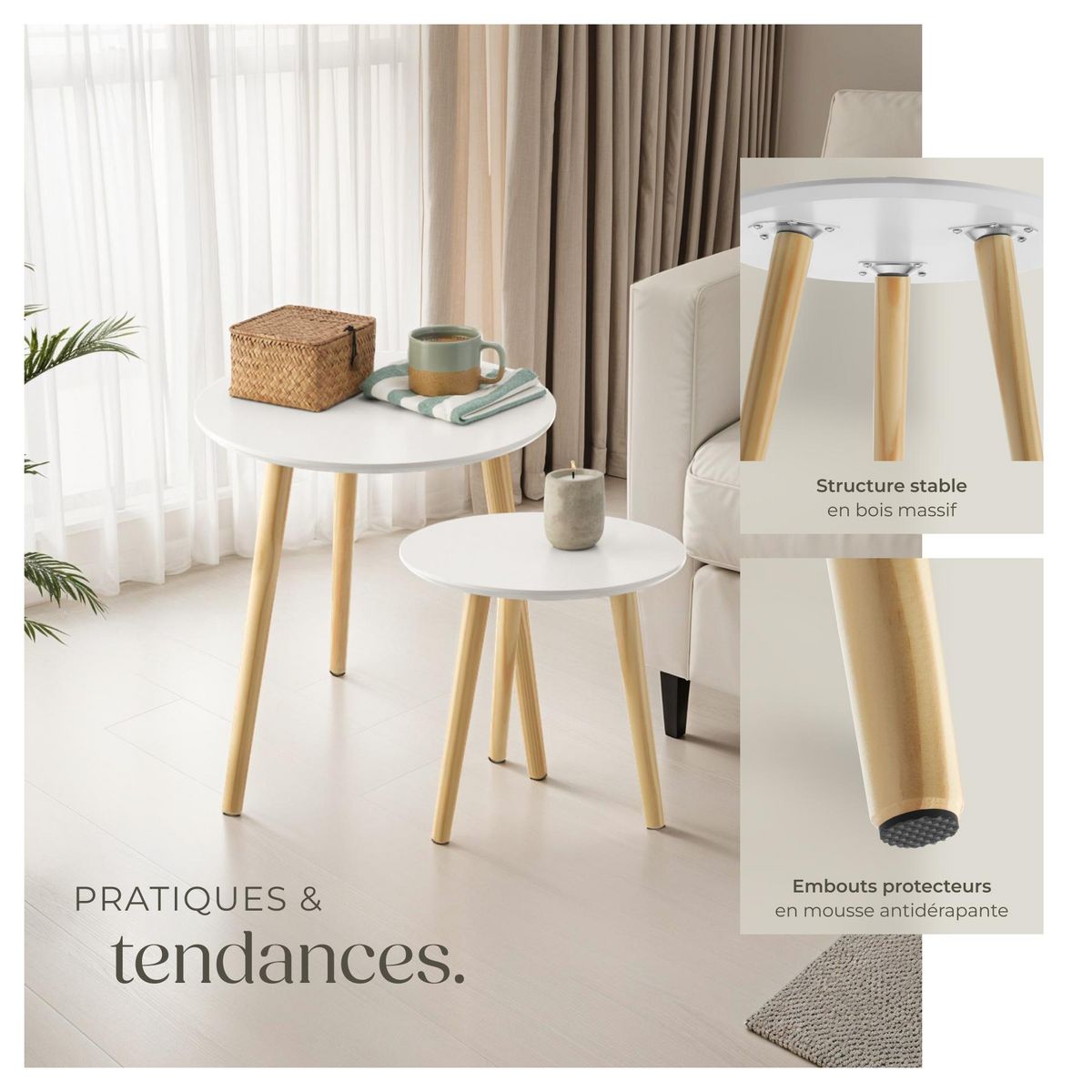 tectake Lot de 2 tables d'appoint style scandinave marron/blanc