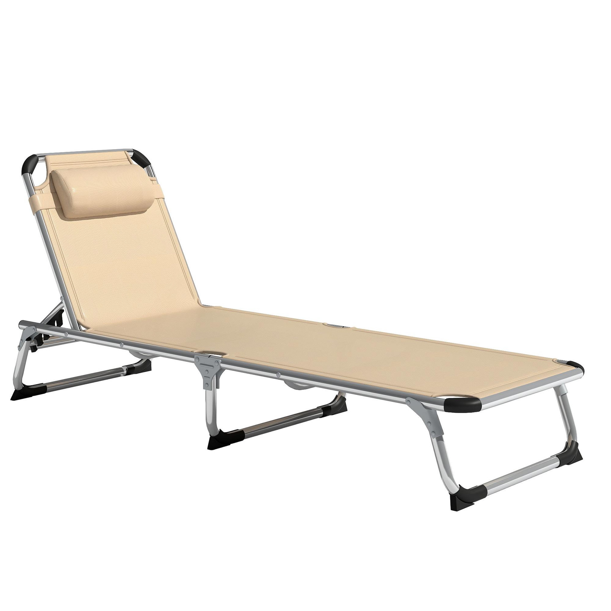 OUTSUNNY Bain de soleil transat pliable grand confort dossier réglable multi-position tétière alu. textilène beige