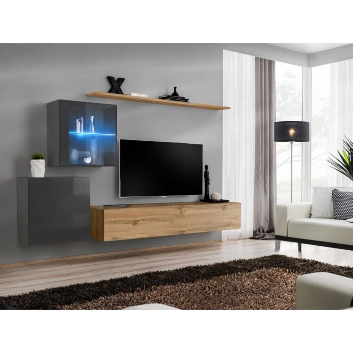Paris Prix Meuble TV Mural Design  Switch XV  260cm Naturel & Gris