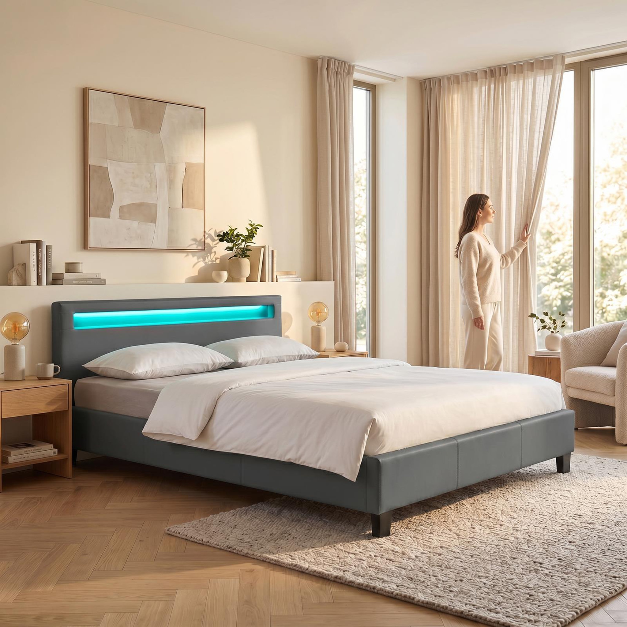 Voir la diapositive 2 : IDIMEX Lit LED double PINOT 140x190 cm, avec sommier, revêtement synthétique