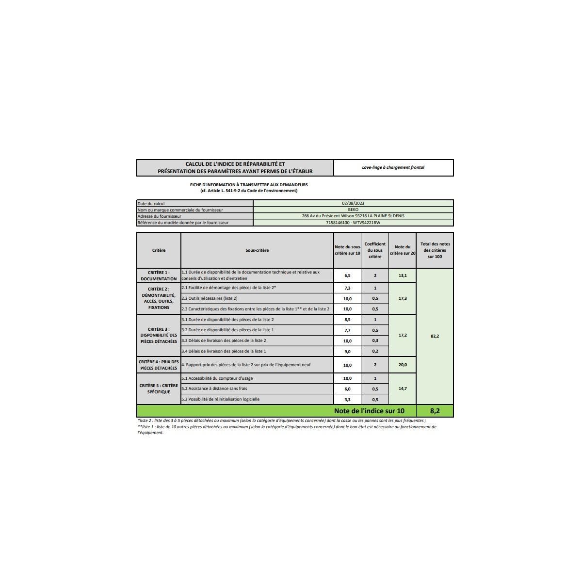 Beko Lave-linge hublot 9 kg 1400 tours/min - WTV94221BW