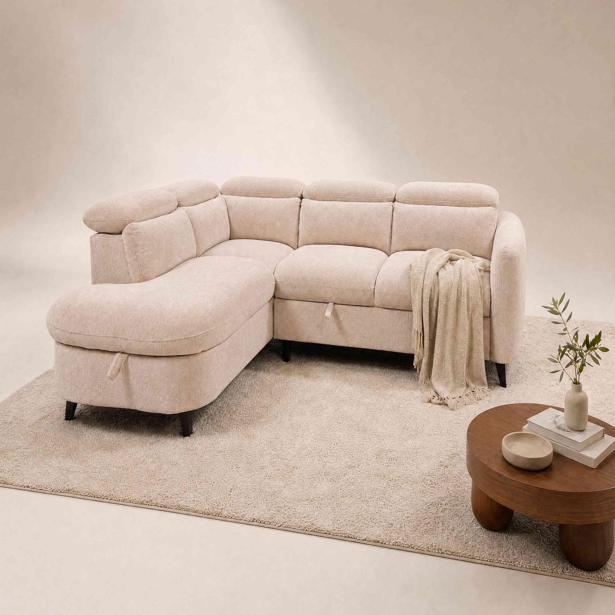 Voir la diapositive 2 : BEST MOBILIER Opaline - canapé d'angle gauche 5 places convertible avec têtières et coffre en tissu texturé