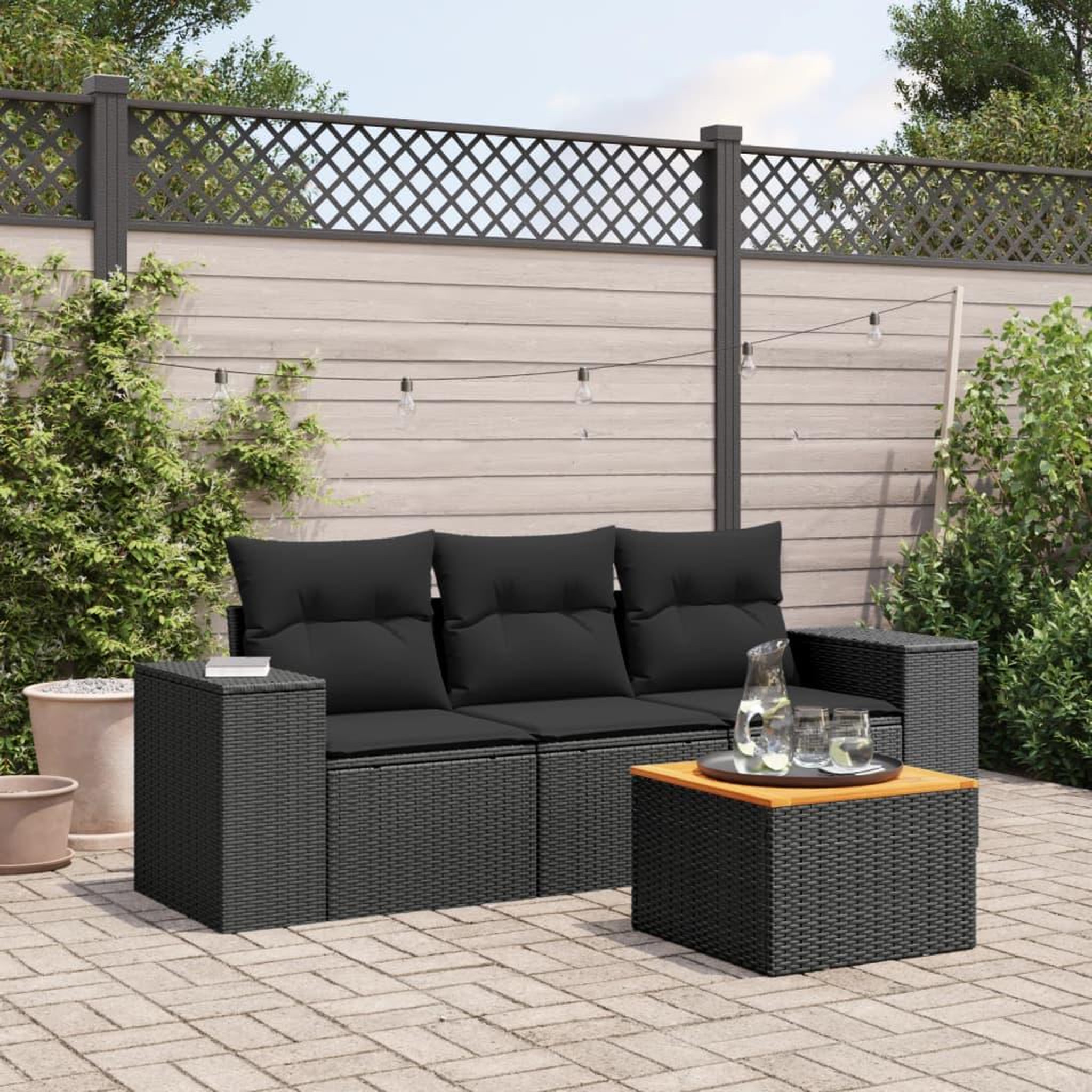VIDAXL Salon de jardin 4 pcs avec coussins noir resine tressee