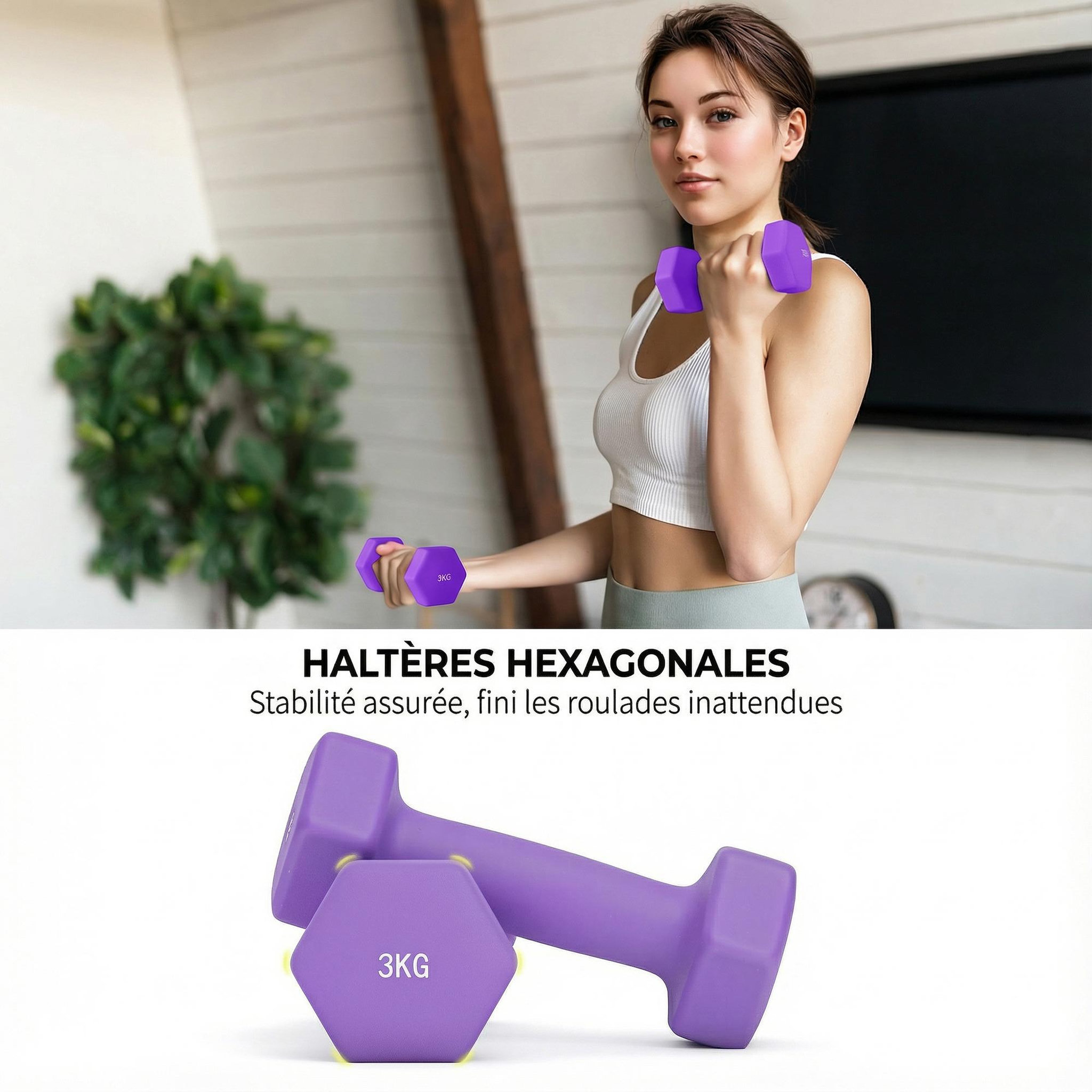 Voir la diapositive 6 : HOMCOM Support noir pour 6 haltères vinyles - 6 haltères incluses total 12 kg - noir rose bleu violet