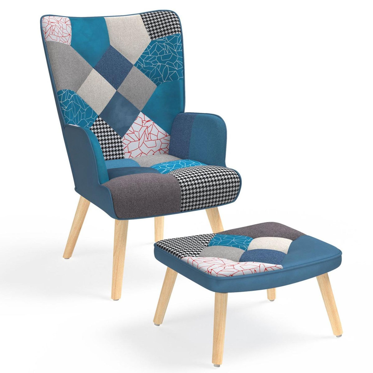 ID MARKET Fauteuil scandinave IVAR avec repose pieds en tissu patchwork et velours bleu