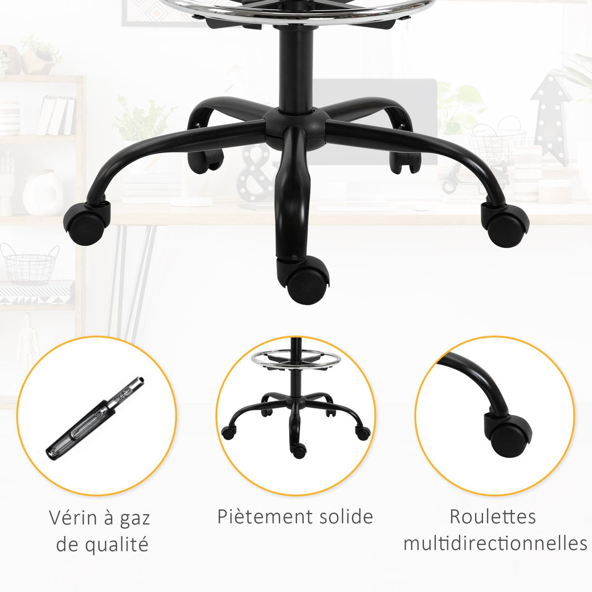 VINSETTO Vinsetto Chaise de bureau assise haute réglable 103-123H cm pivotant 360° lin gris