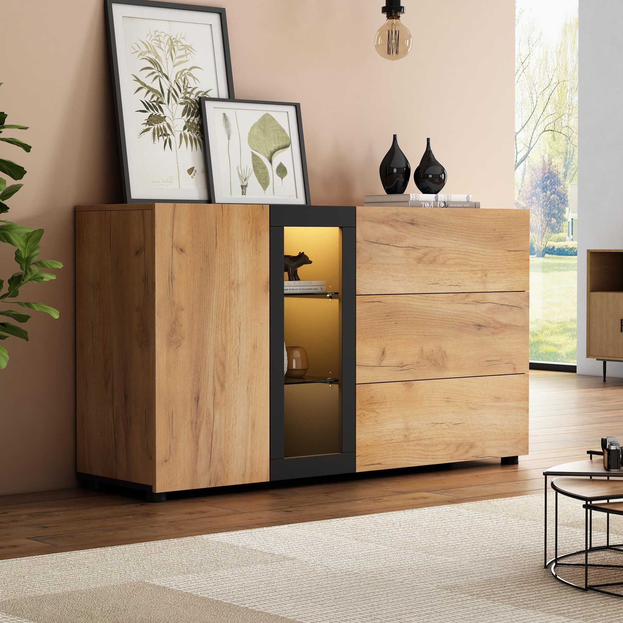 Voir la diapositive 4 : MERAX Buffet 1 porte(s) 3 tiroir(s) - 140 cm naturel led panneaux de particules