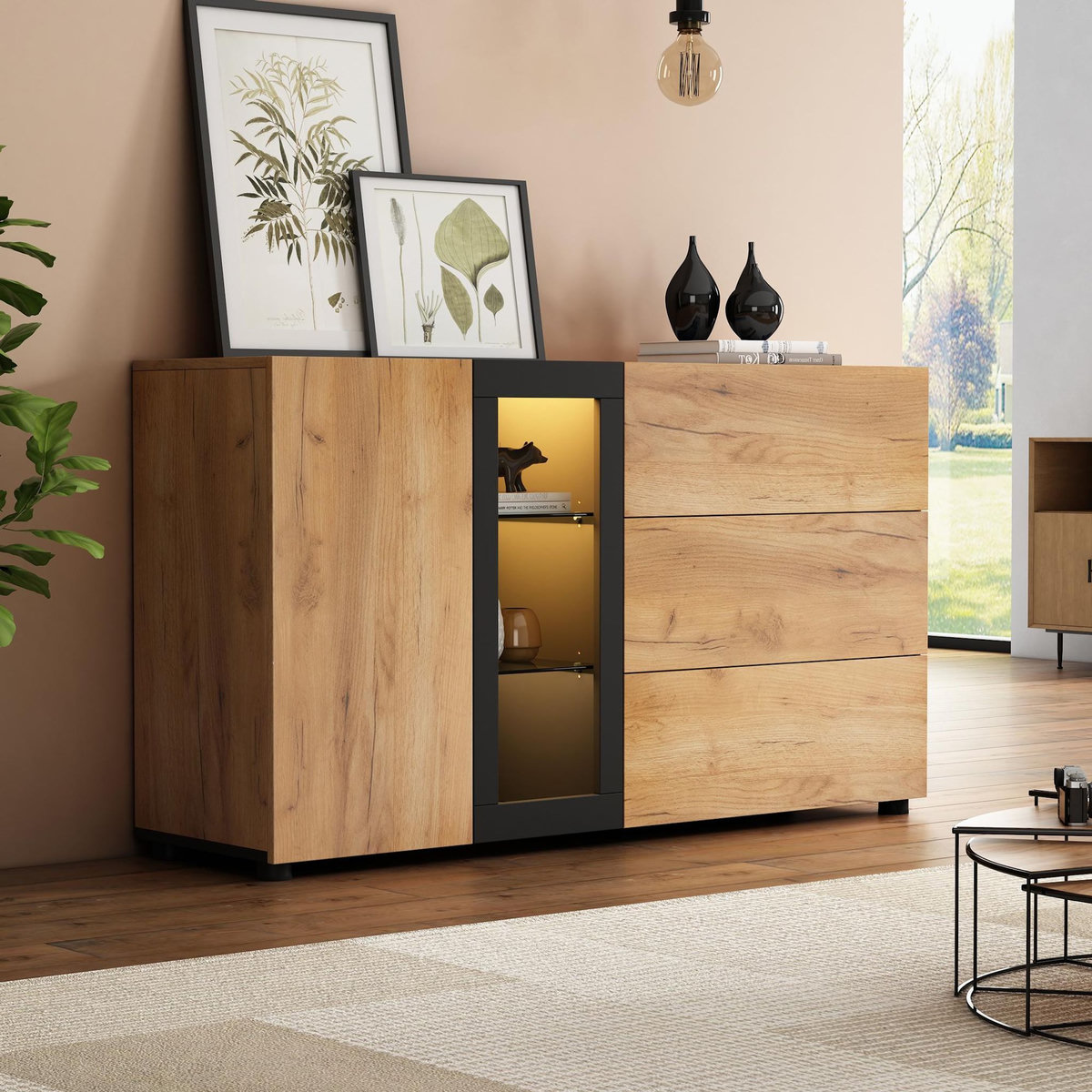 MERAX Buffet 1 porte(s) 3 tiroir(s) - 140 cm naturel led panneaux de particules