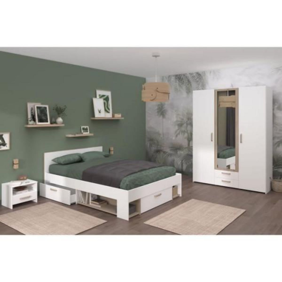 PARISOT Chambre complete adulte - DREAM - Lit 140x190/200 cm + 2 chevets + armoire - Décor blanc et chene - PARISOT