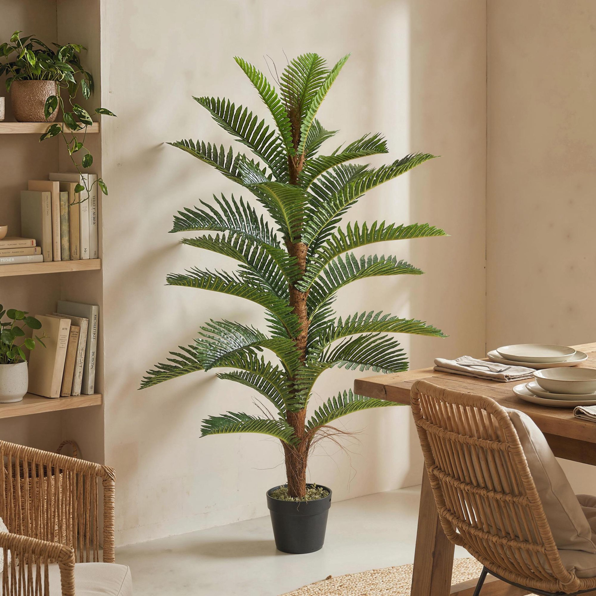Voir la diapositive 4 : HOMCOM Palmier artificiel H.1,2 m arbre artificiel tronc branches lichen feuilles grand réalisme pot inclus