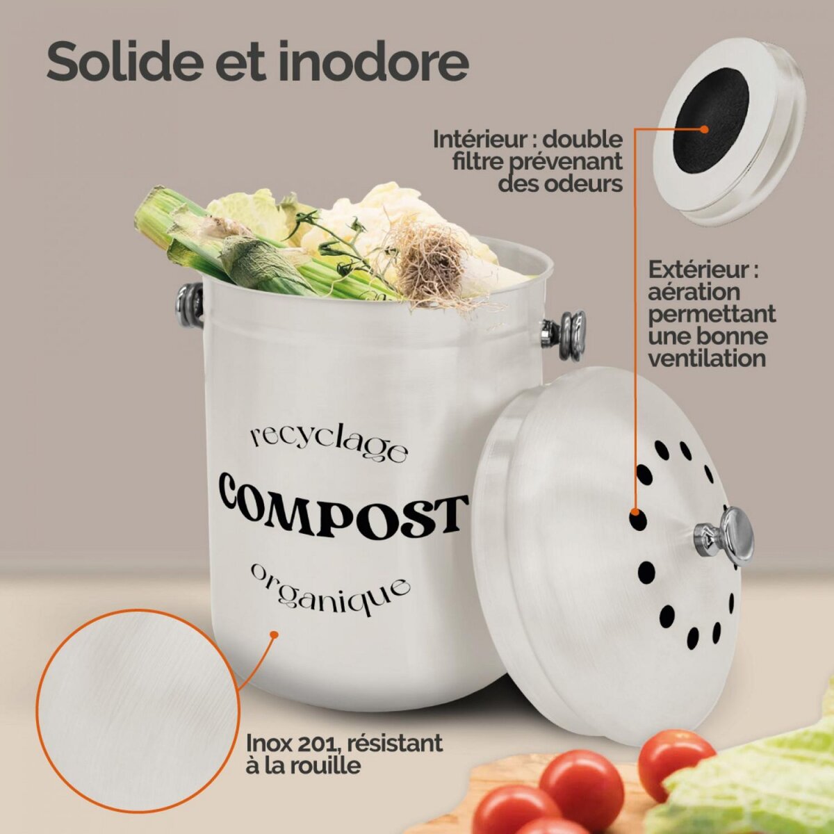 LINXOR Composteur, bac, poubelle à compost de cuisine 5L rond en Inox - Beige