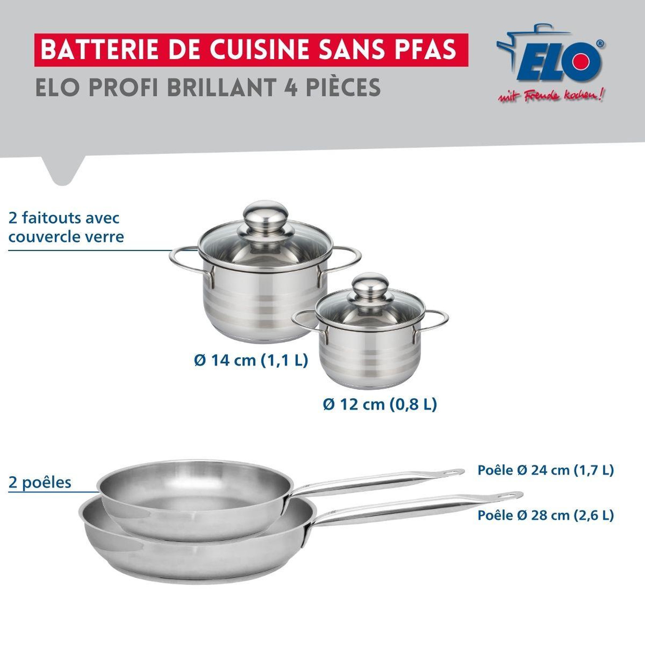 Voir la diapositive 2 : ELO Ensemble de 2 poêles de cuisson 24 et 28 cm et 2 faitouts 12 et 14 cm elo profi brillant